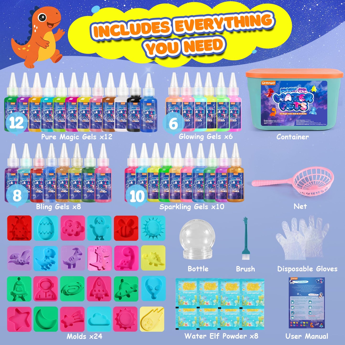 URMYWO Magic Water Elf Toy Kit, DIY 3D Magic Gel Pet Toy Set, 12 Gels & 10 Molds,Easter Gifts Craft & Art Kits for Kids 4 5 6 7 8 9 10 Years Old Mermaid Theme