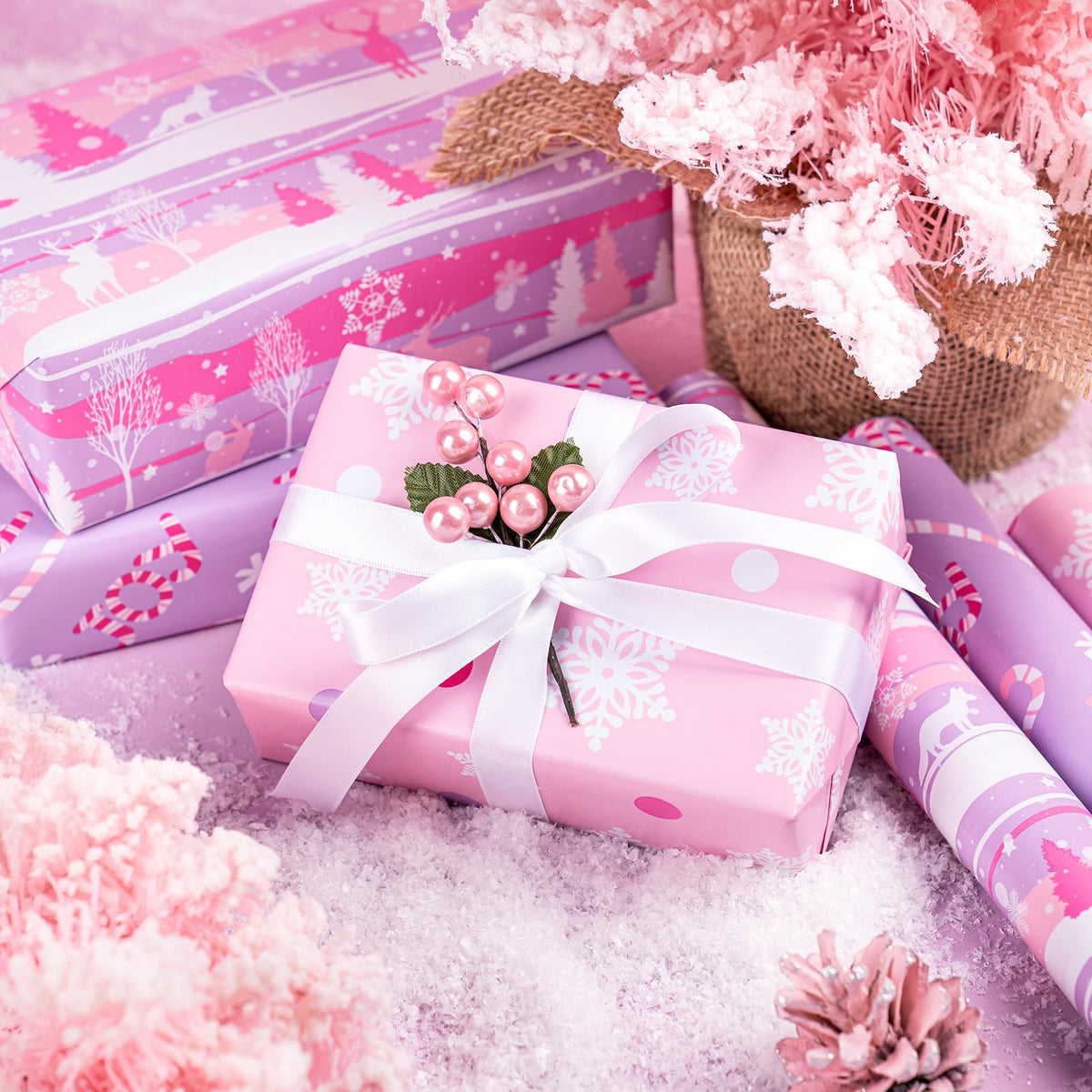 RUSPEPA Christmas Wrapping Paper Roll - Mini Roll - 3 Rolls - 43.2cm x 3m Per Roll - Bird, Christmas Garland, Holly and Pinecones Holiday Design with Metallic Foil Shine