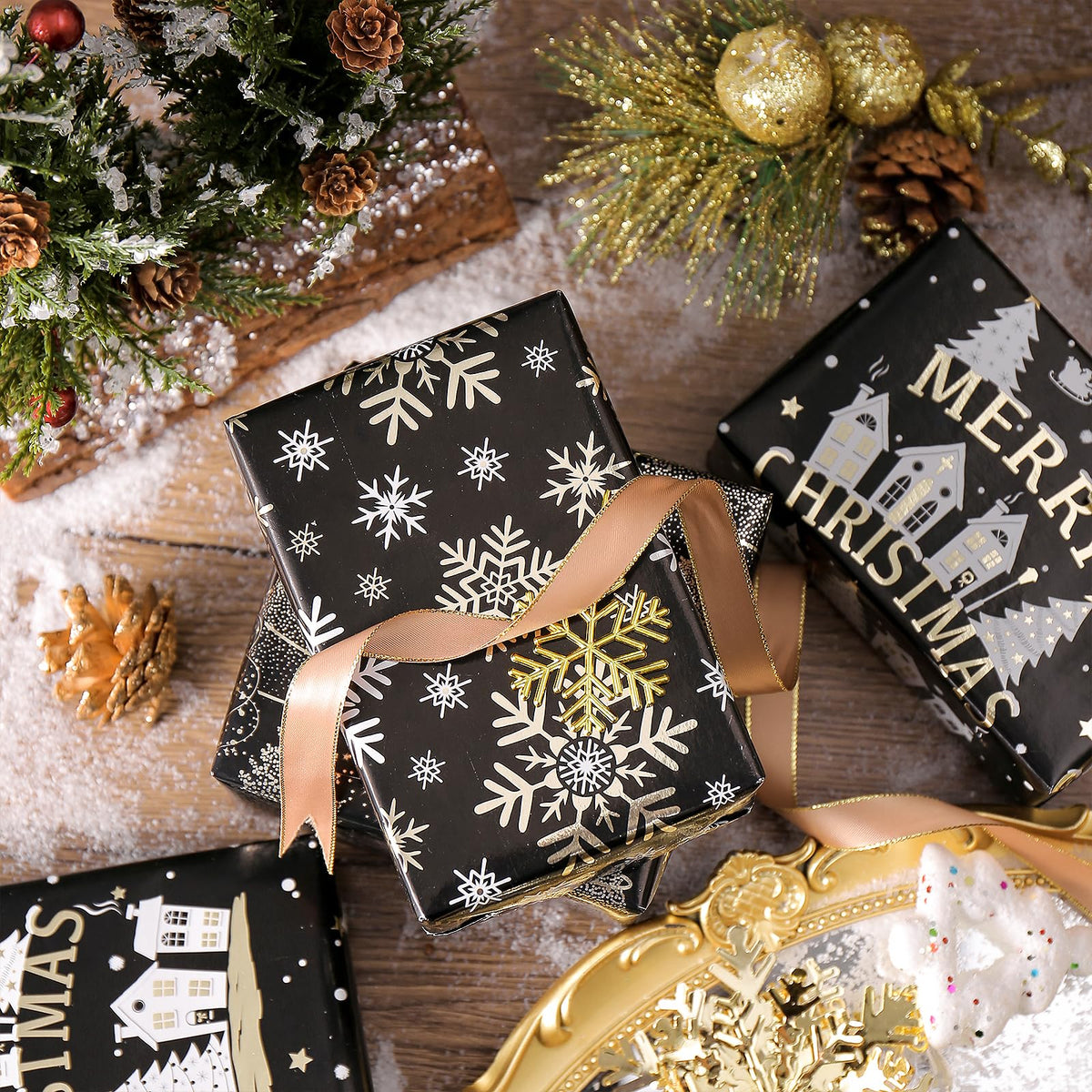 RUSPEPA Christmas Wrapping Paper Roll - Mini Roll - 3 Rolls - 43.2cm x 3m Per Roll - Bird, Christmas Garland, Holly and Pinecones Holiday Design with Metallic Foil Shine
