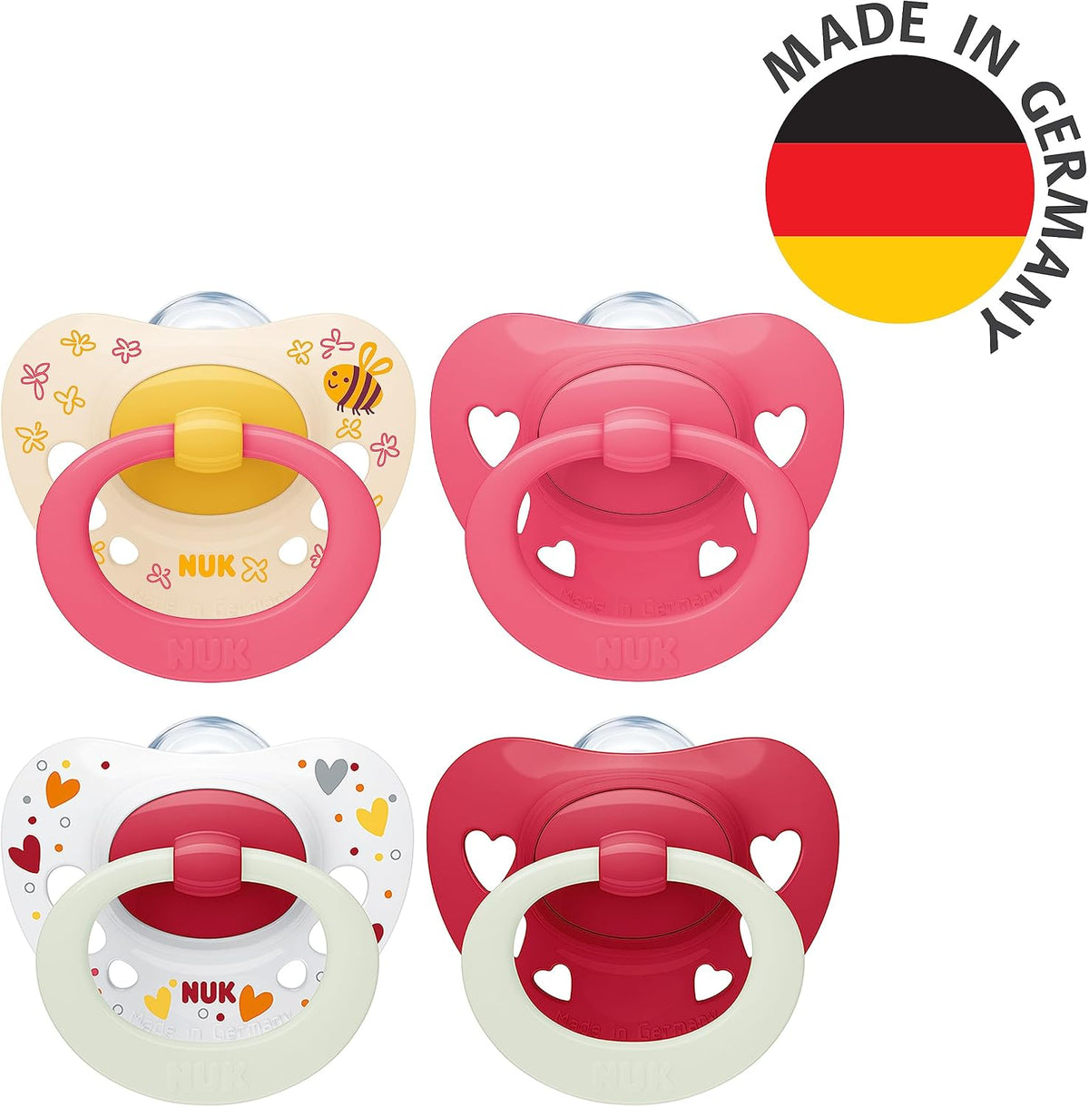 NUK Signature Day & Night Baby Dummy | 6-18 months | Soothes 95% of Babies | Heart-Shaped BPA-Free Silicone Soothers | Glow-in-the-Dark | Hearts | 4 Count