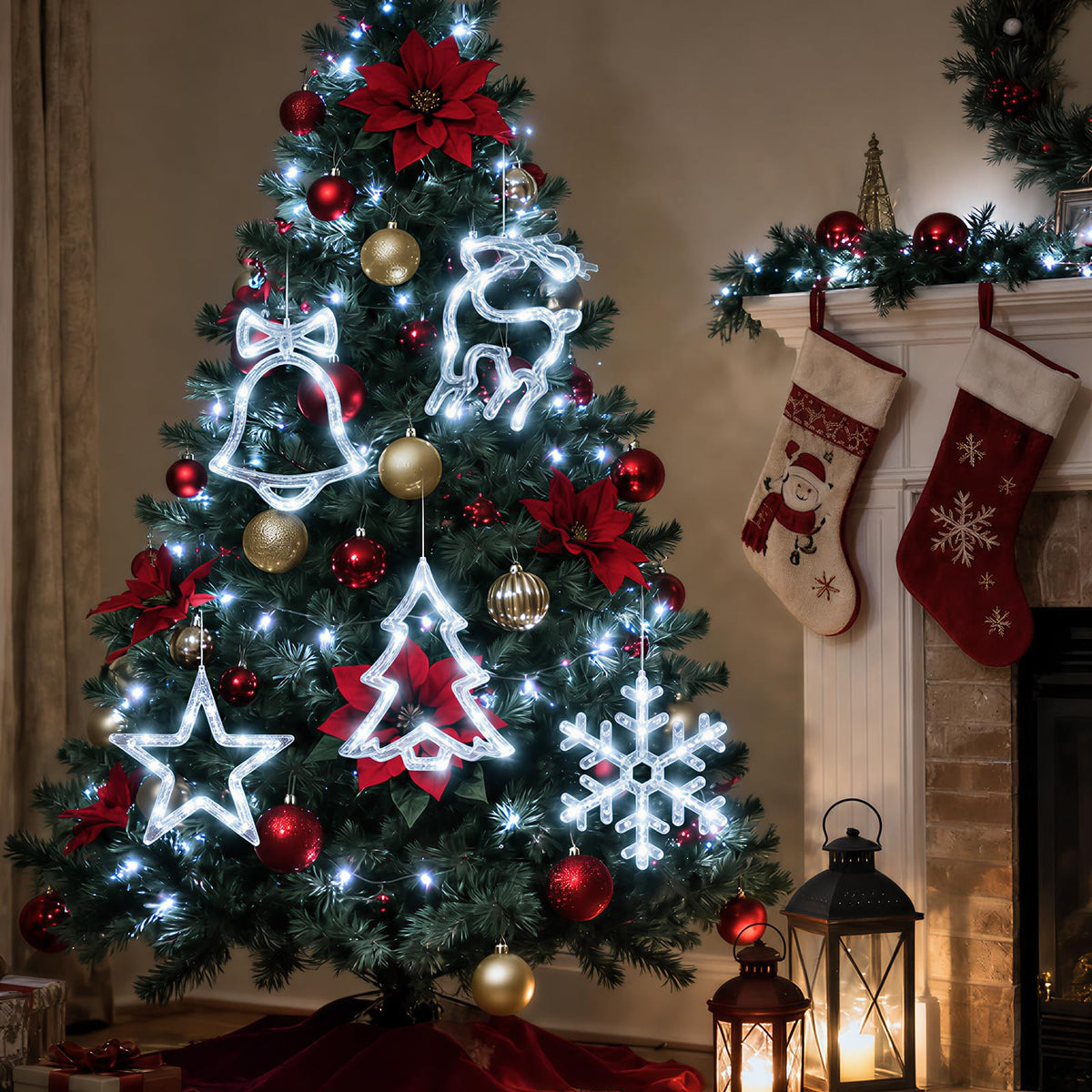 LYUBASA 5Pack Christmas Window Lights Decorations with Timer,Battery Powered Christmas Hanging White Lighted Snowflake Shaped LED Sucker for Xmas Tree Fireplace Indoor Decor