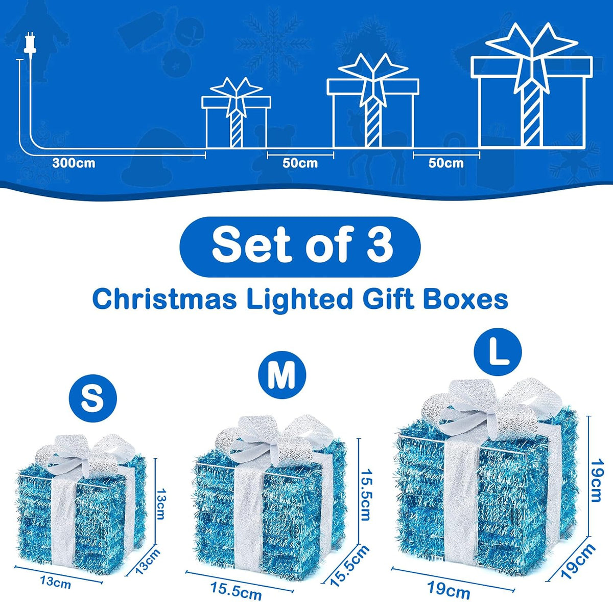 Set of 3 Blue Lighted Boxes, Silver Bows, Christmas Decor Indoor/Outdoor