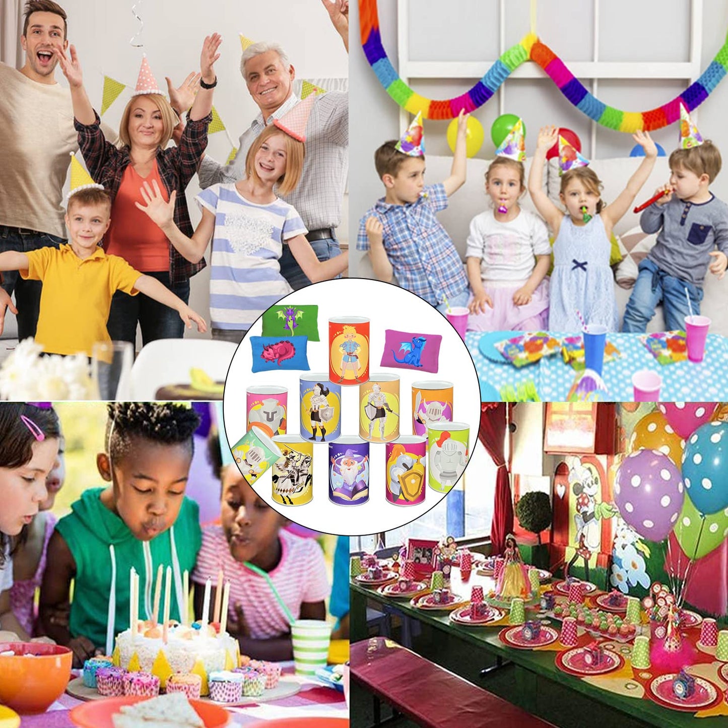 Tin Can Alley Game, Outdoor Garden Target Shooting Fairground Games for Kids & Children, Garden Party Toys Gift for Boys & Girls: 10pcs Fun Smile Knock Down Tin Cans and 3pcs Beanbags