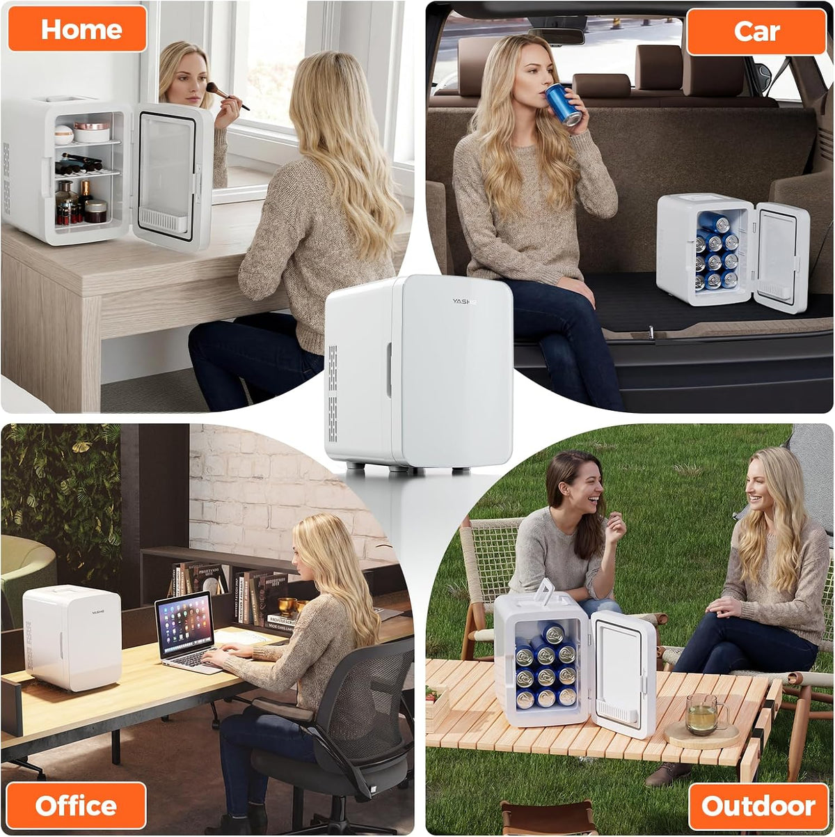 YASHE Mini Fridge, 10 Liter/12 Cans Small Fridgerator for Bedroom, AC/DC Thermoelectric Cooler and Warmer for Skincare Drink Office Dorm Car, White