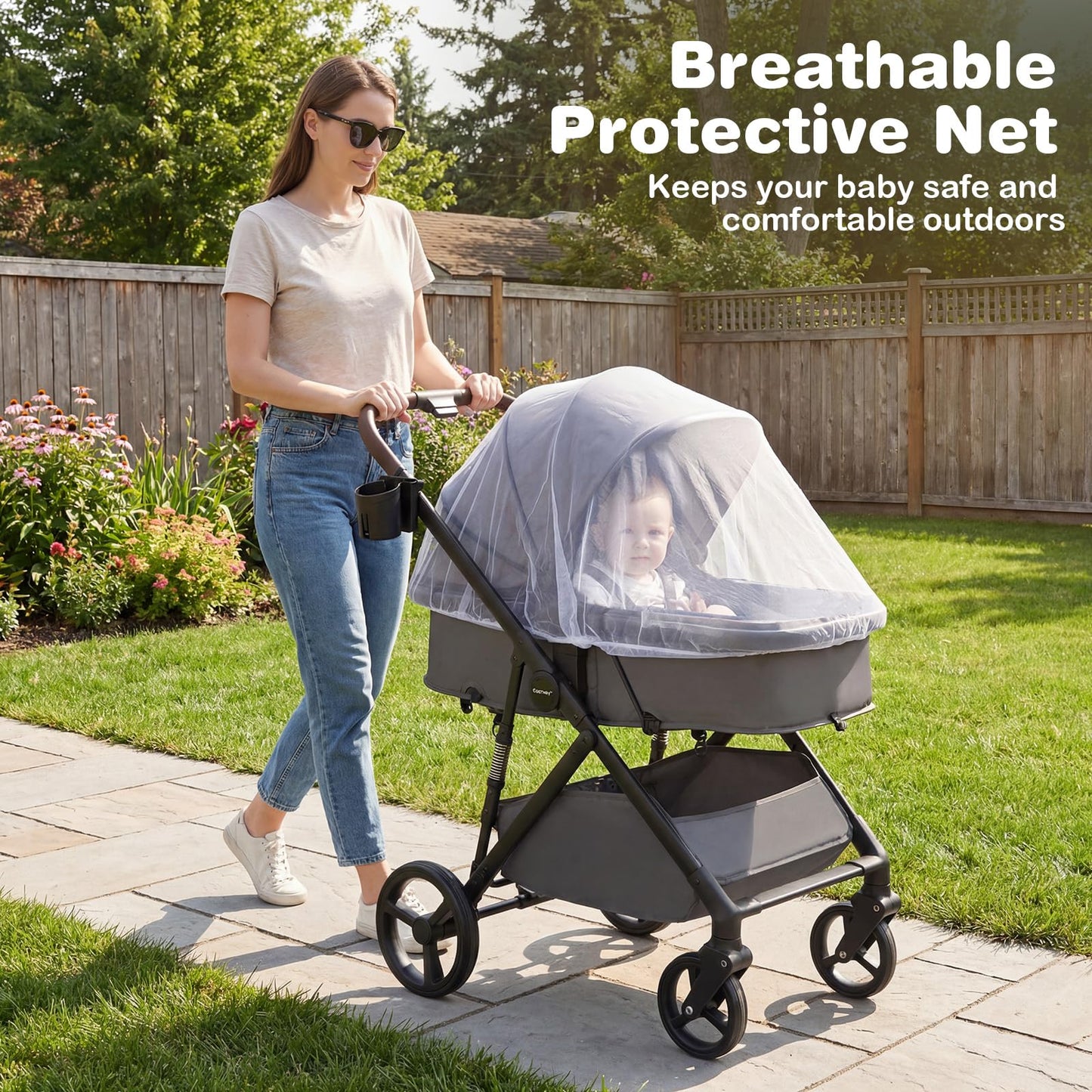 COSTWAY 3 in 1 Baby Stroller, Foldable Travel System Pram with Reversible Seat, Adjustable Canopy & Backrest, Mesh Net, Storage Basket, Lightweight Infant Newborn Pushchair for 0-36 Months (Grey)