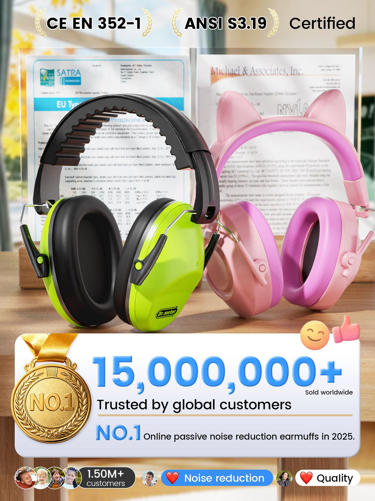 Dr.meter Ear Defenders Children SNR 27.4dB for Autism, Sensory Needs