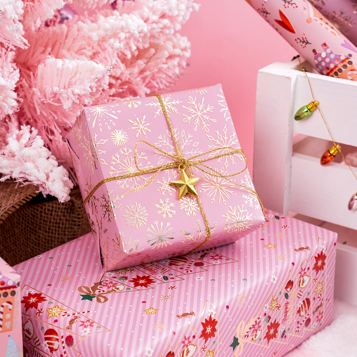 RUSPEPA Christmas Wrapping Paper Roll - Mini Roll - 3 Rolls - 43.2cm x 3m Per Roll - Bird, Christmas Garland, Holly and Pinecones Holiday Design with Metallic Foil Shine