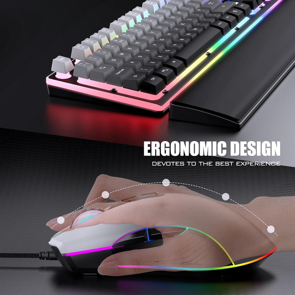 RedThunder K10 Wired Gaming Keyboard and Mouse Combo, UK Layout, True RGB Backlight, Soft Leather Wrist Rest, Ergonomic Anti-Ghosting Keyboard + 7D 7200 DPI Mouse for PC Mac (Gradient Gray)