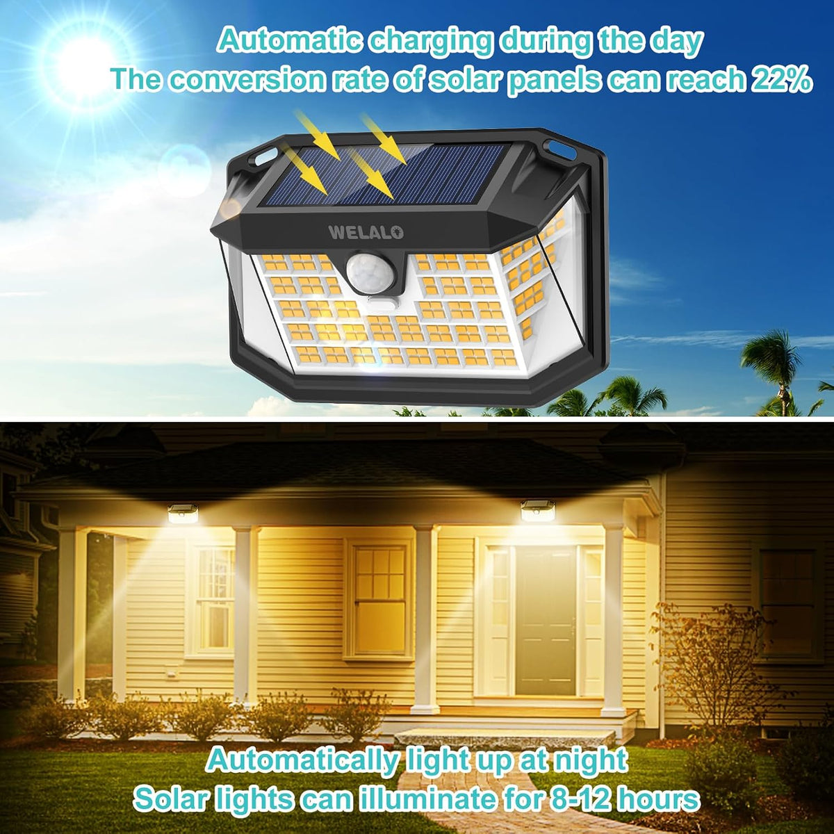 WELALO Solar Security Lights, 188 LED Solar Motion Sensor Lights, IP65 Waterproof Solar Lights Outdoor Garden, 3 Modes PIR Solar Powered Wall Lights for Outside Garden Fence Door Yard (4 Pack)