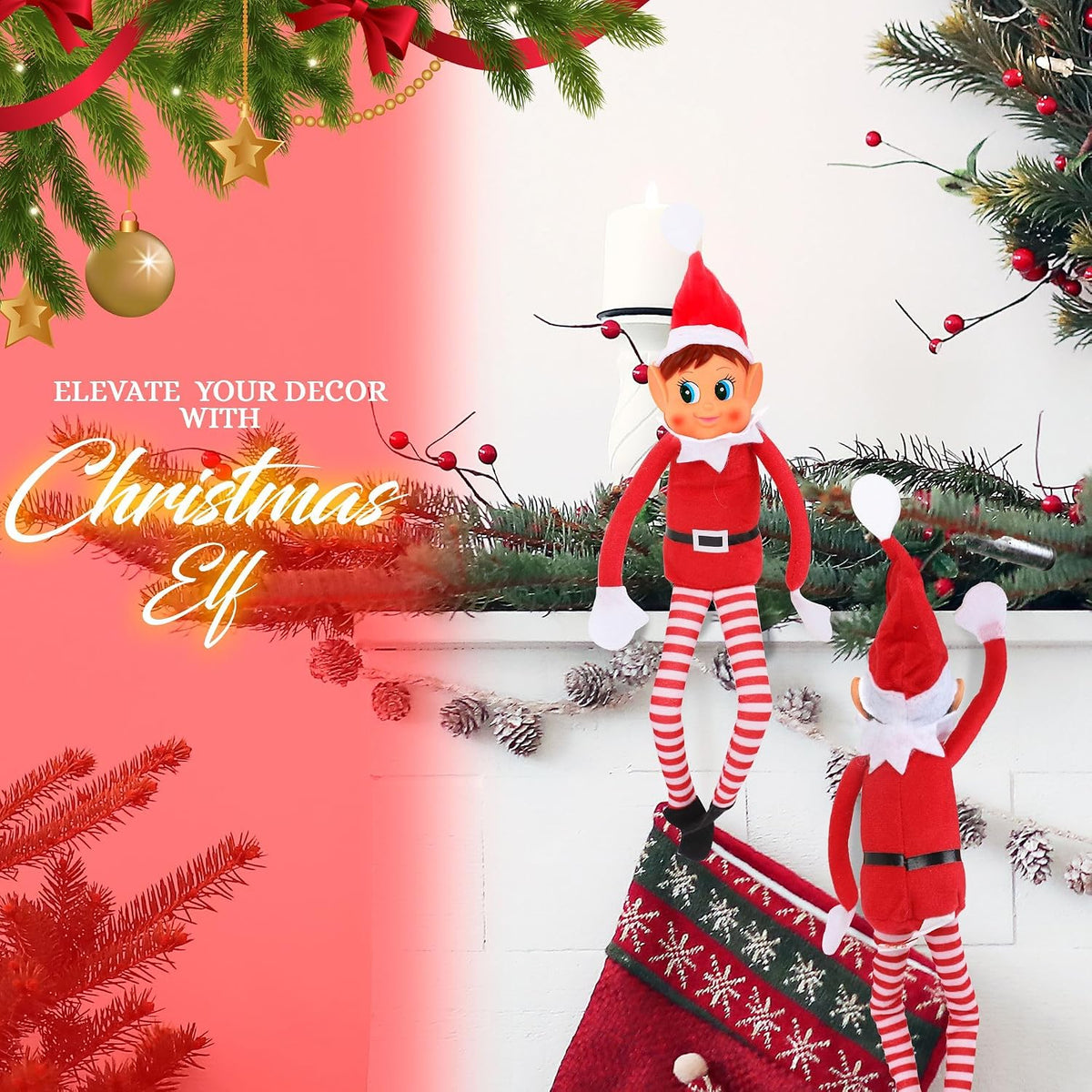 Elves Behavin' Badly Charming Red Long Leg Soft Body Vinylface Girl Elf with Hat - 30 cm (1 Pc.) - Premium Quality Plush Toy - Perfect For Holiday Decor & Gift-giving