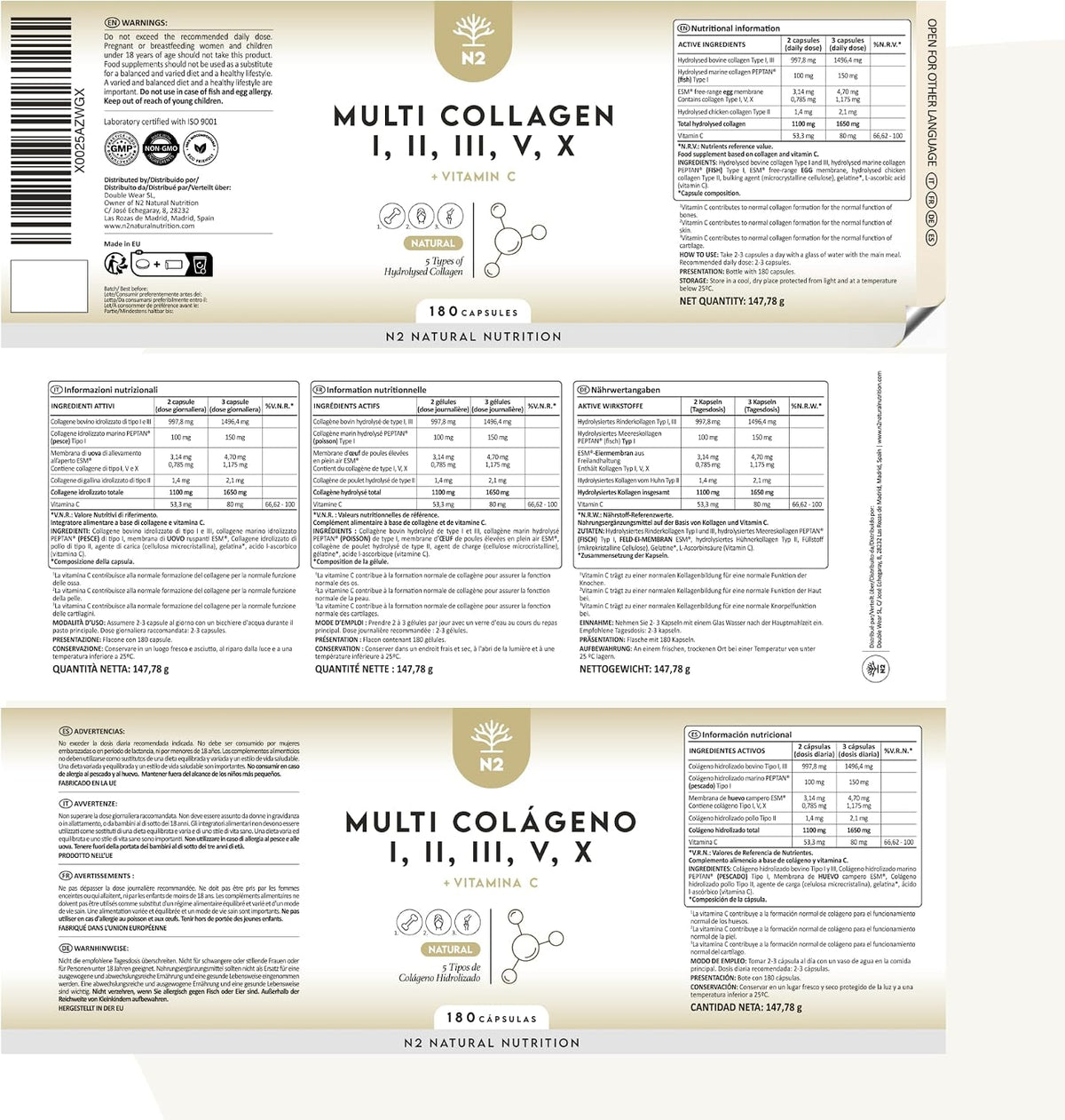 Multi Collagen 1650mg Type I, II, III, V, X. Bovine & Marine Collagen Peptides. 180 Capsules Enhanced with Vitamin C. High Strength Collagen for Joints, Hair and Skincare. N2 Natural Nutrition