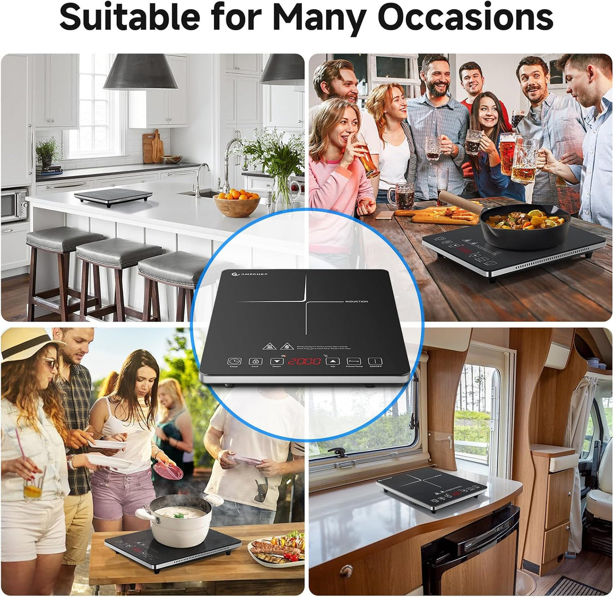 AMZCHEF Single Induction Cooker, Ultra-thin Induction Hob with Fashion Look, 20-level Power and Temperature Control, Black Frosted Glass Panel, Touch Sensor, 3-hour Timer, Safety Lock