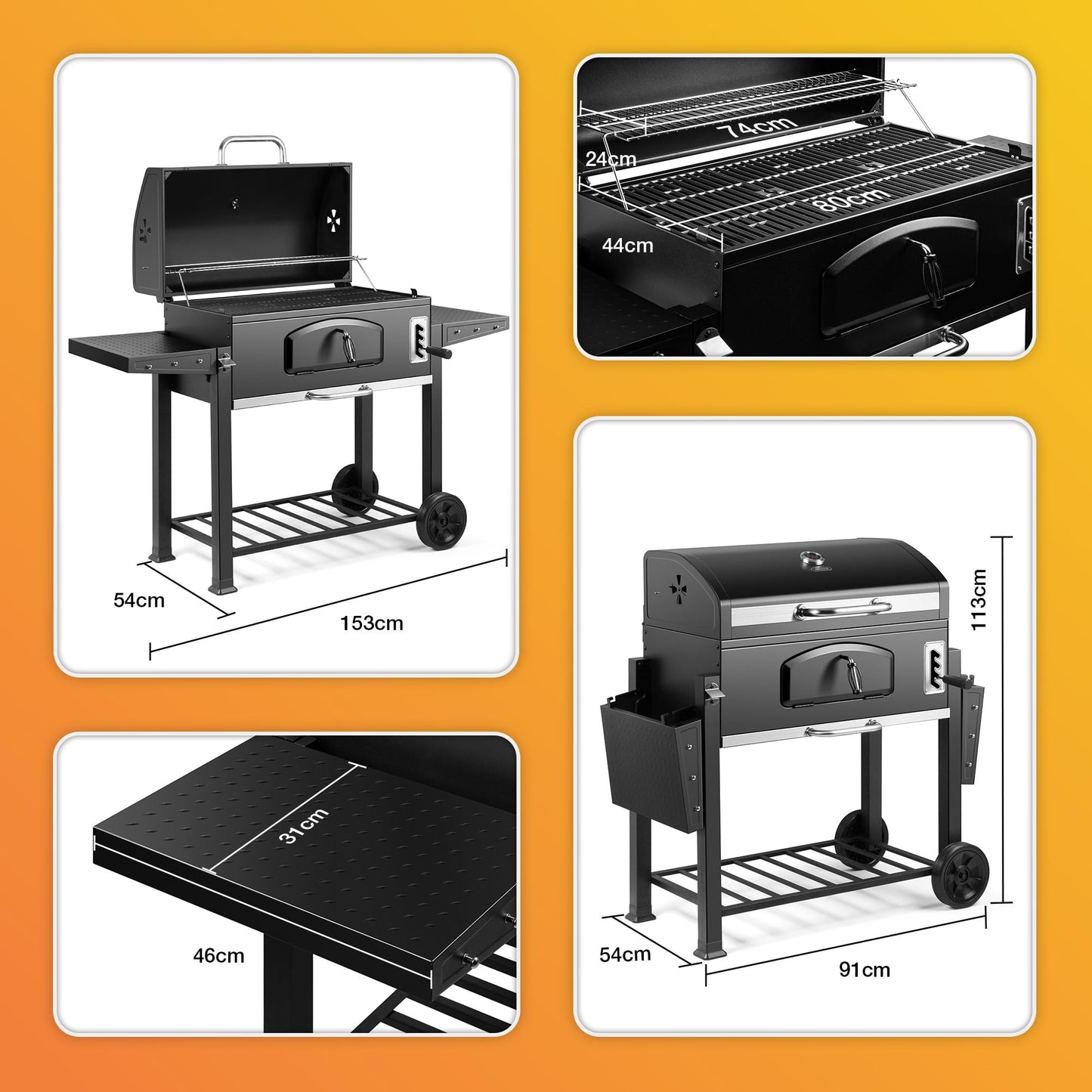 VonHaus Charcoal BBQ – XL Portable Barbecue with Warming Rack, Fold Down Shelves, Temperature Gauge, Wheels, Cooking Grill, Air Vents – 2 in 1 Barbeque and Smoker – Grill Meat, Fish & Vegetables