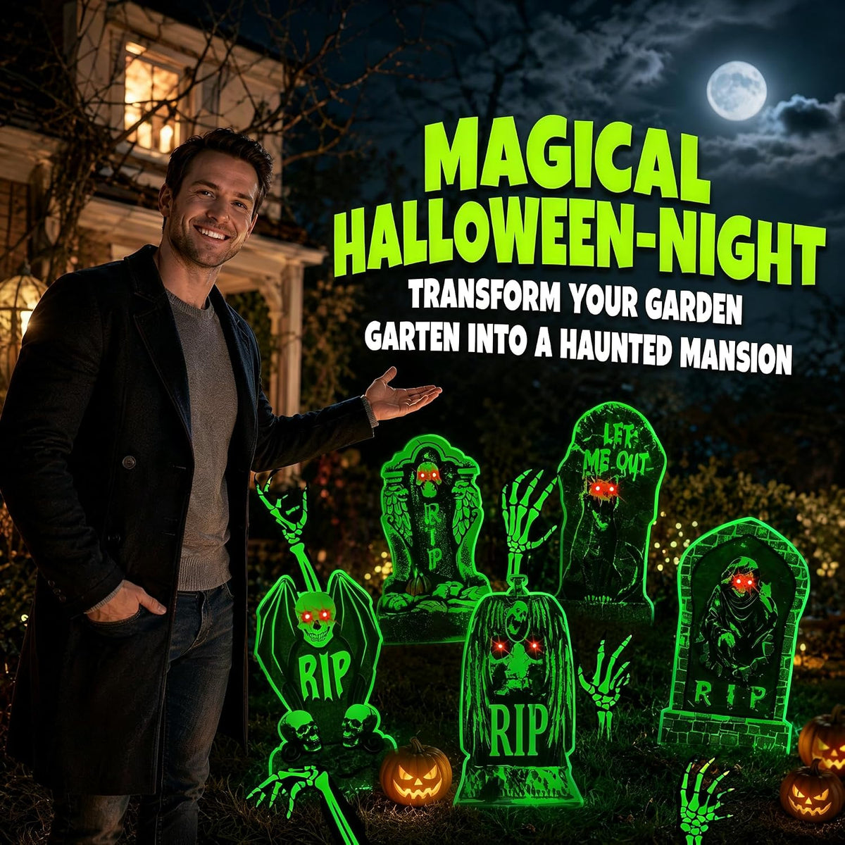 10 Pack Halloween Yard Signs, Fluorescent Skeleton Hands and Tombstones