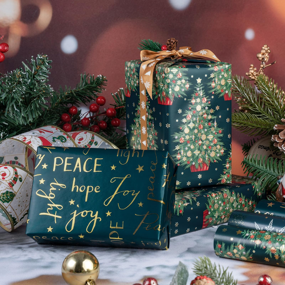 RUSPEPA Christmas Wrapping Paper Roll - Mini Roll - 3 Rolls - 43.2cm x 3m Per Roll - Bird, Christmas Garland, Holly and Pinecones Holiday Design with Metallic Foil Shine