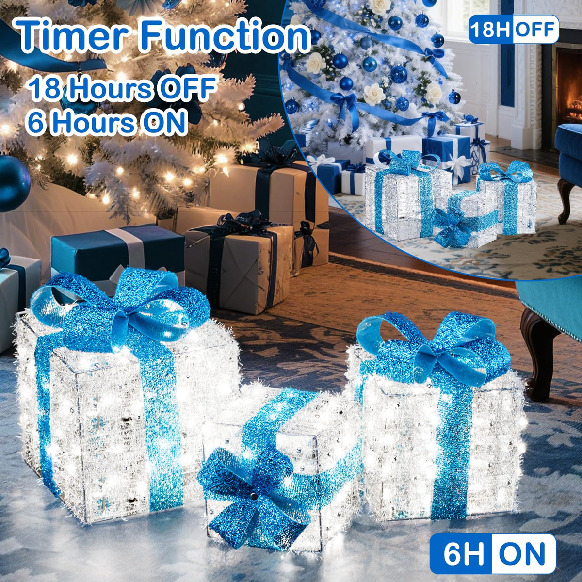 Set of 3 Blue Lighted Boxes, Silver Bows, Christmas Decor Indoor/Outdoor