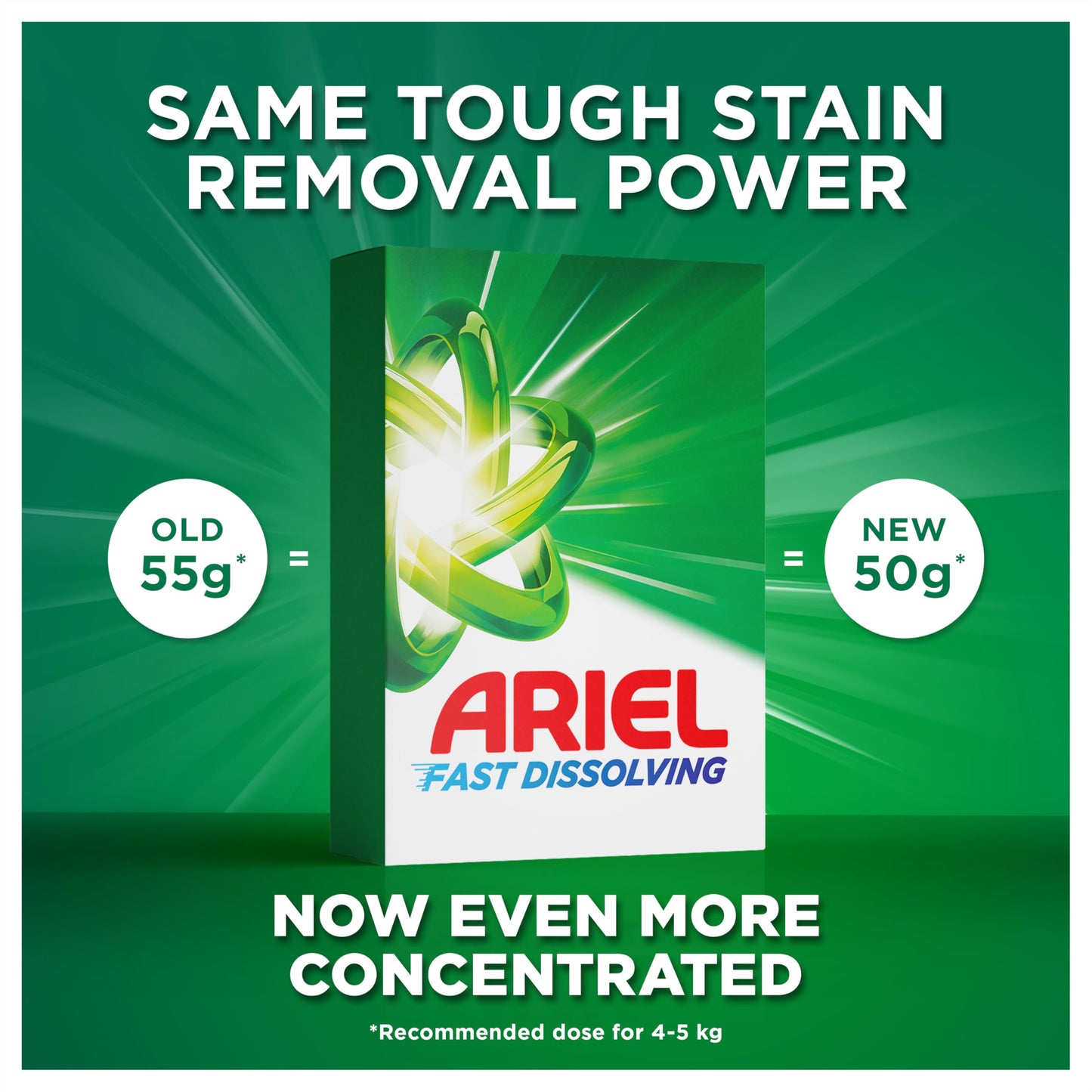 Ariel Fast Dissolving Washing Powder Laundry Detergent 4kg, 80 Washes, Original, Tough Stain Removal in 1 Wash, Instant Action Even in Cold