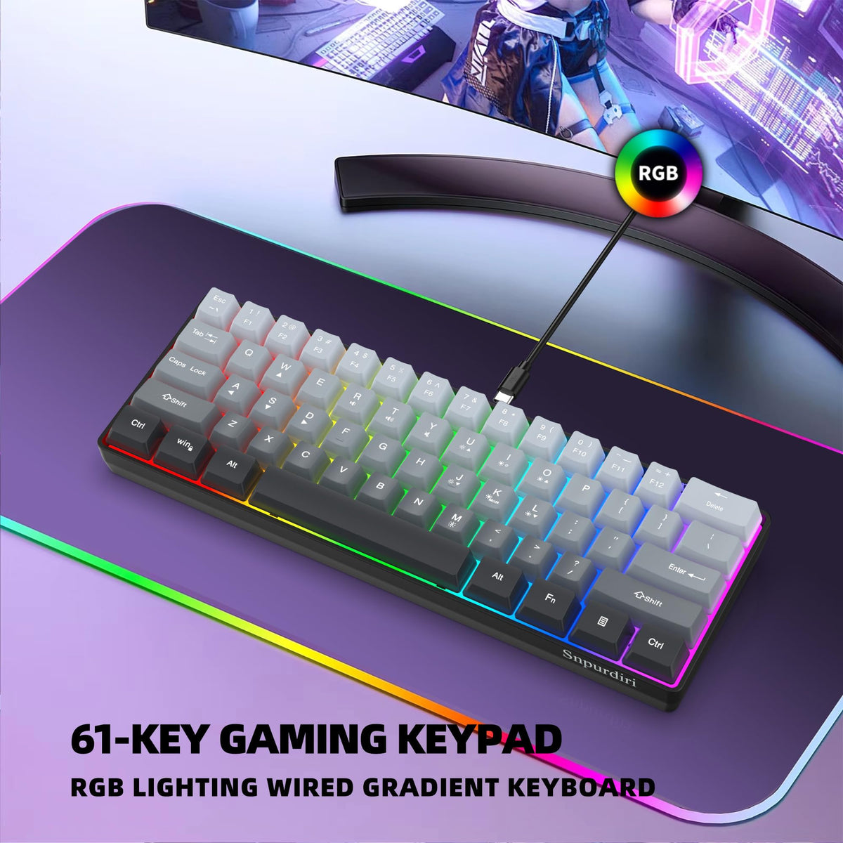 Snpurdiri Wired Mechanical Gaming Keyboard, 60% Size, LED Backlight, 61 Keys, Small Wired Office Keyboard for Windows Laptop/PC, Mac (Black-Red, Blue Switches)