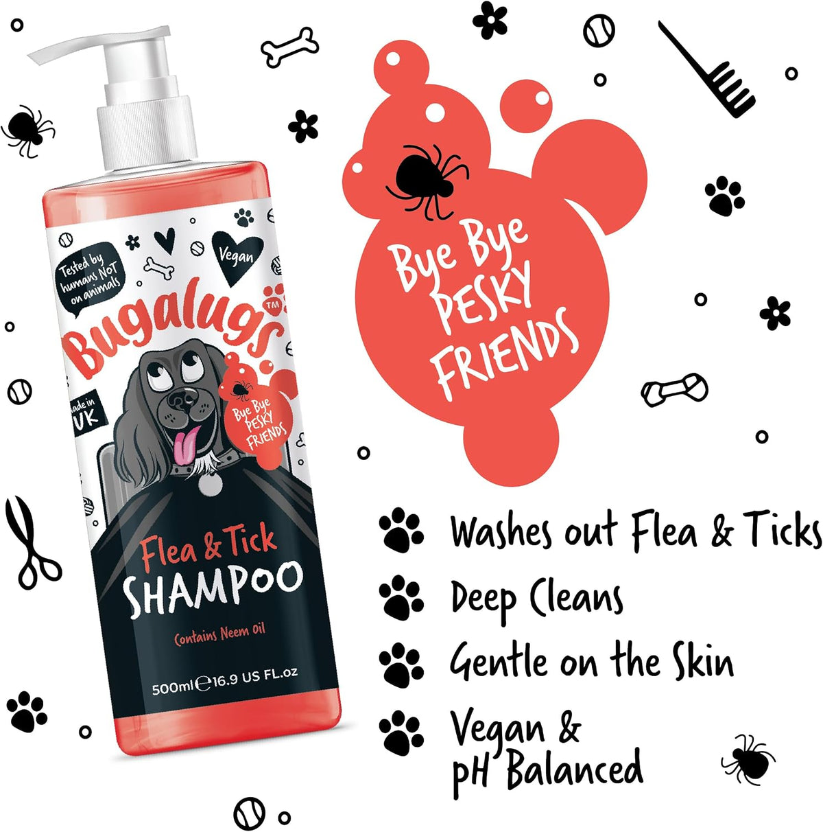 Flea and Tick Dog Shampoo by Bugalugs, Works on Smelly Puppies & Dogs, Contains Neem Oil PH Balanced Vegan Used by Professional Groom