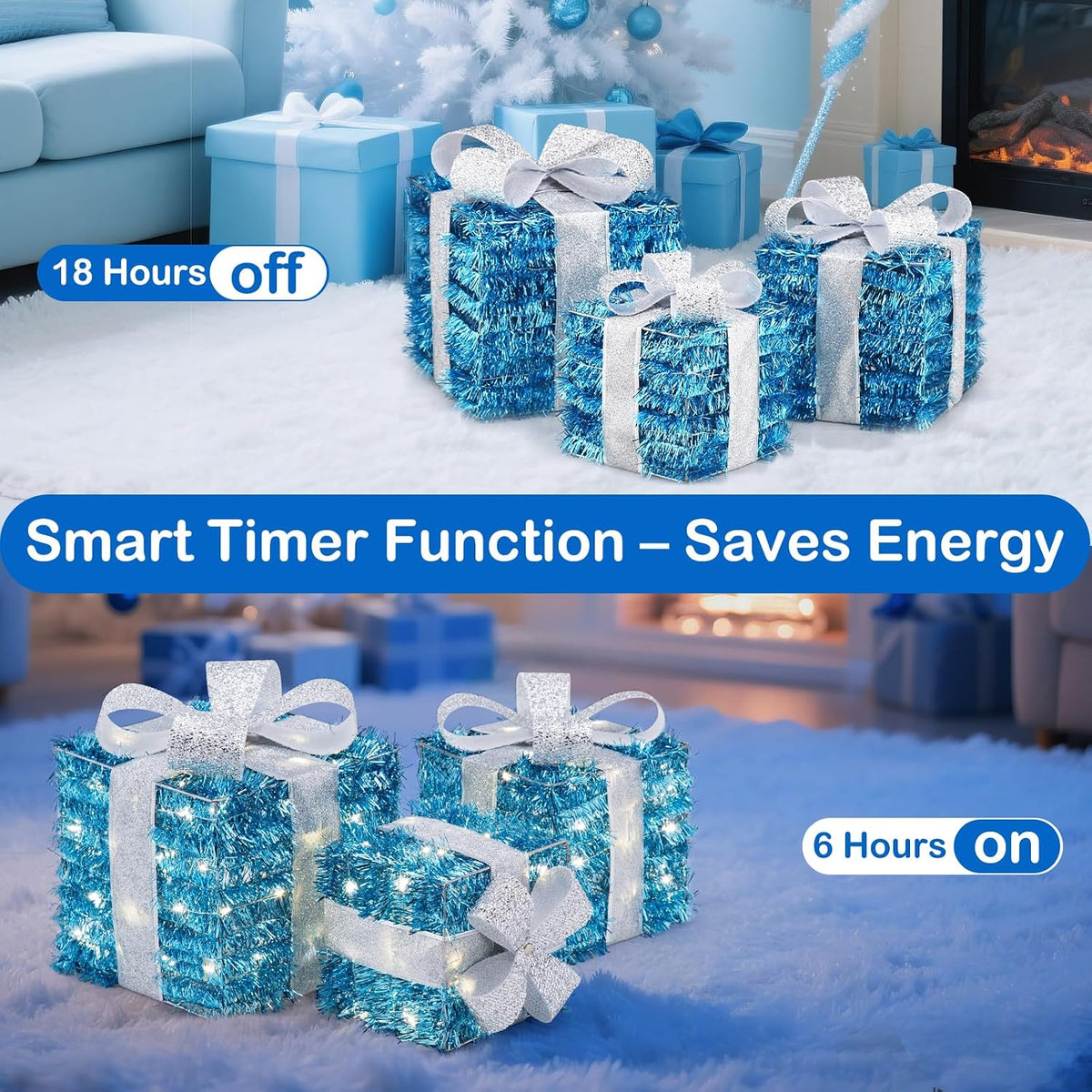 Set of 3 Blue Lighted Boxes, Silver Bows, Christmas Decor Indoor/Outdoor