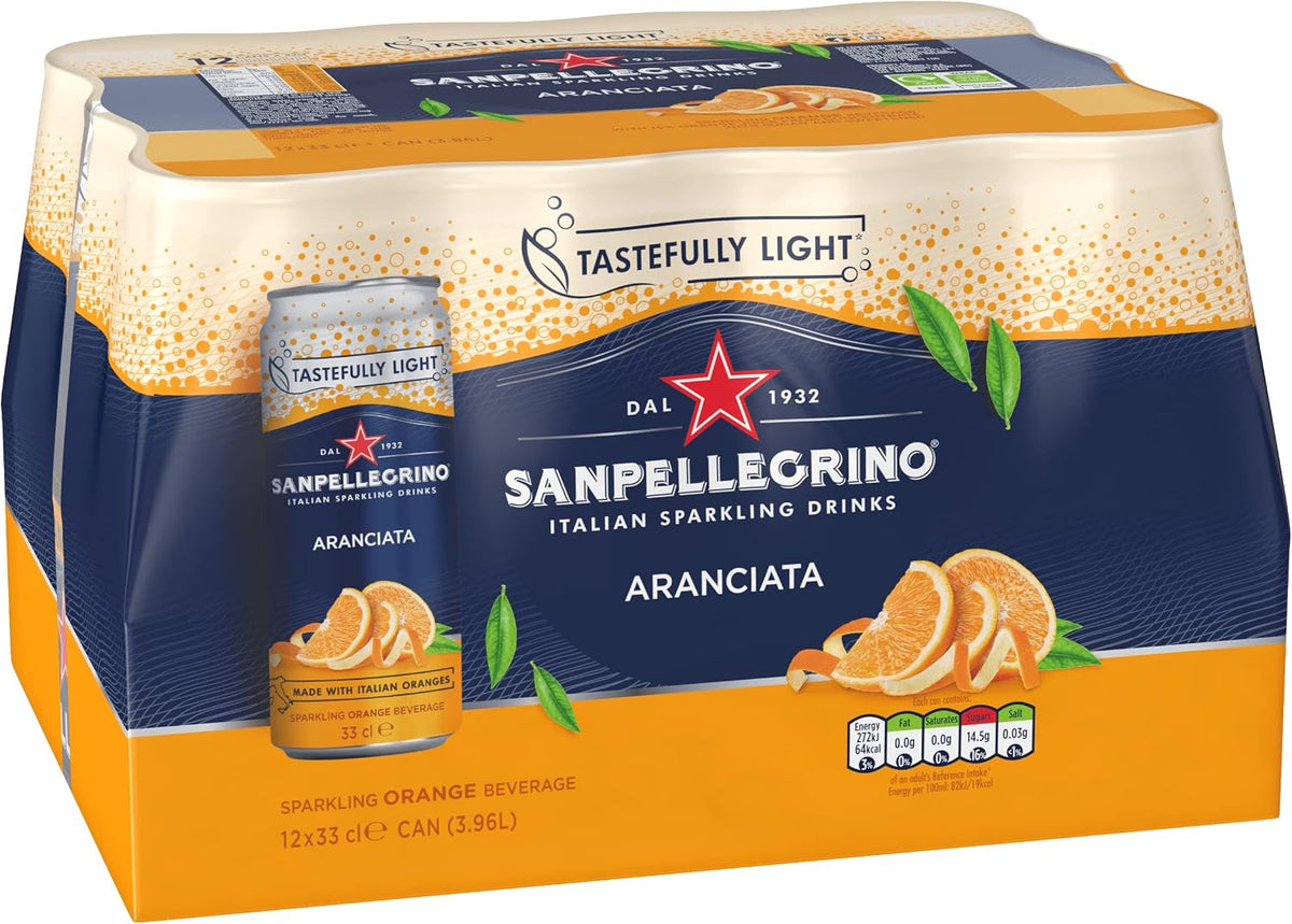 San Pellegrino Italian Sparkling Drinks Tastefully Light Sparkling Orange Canned Soft Drink 12 x 330ml | 64k Cals per Can (Pack of 2)