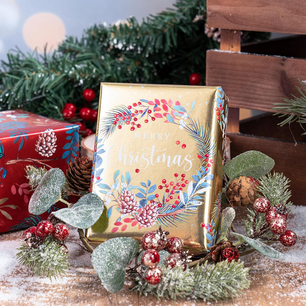 RUSPEPA Christmas Wrapping Paper Roll - Mini Roll - 3 Rolls - 43.2cm x 3m Per Roll - Bird, Christmas Garland, Holly and Pinecones Holiday Design with Metallic Foil Shine