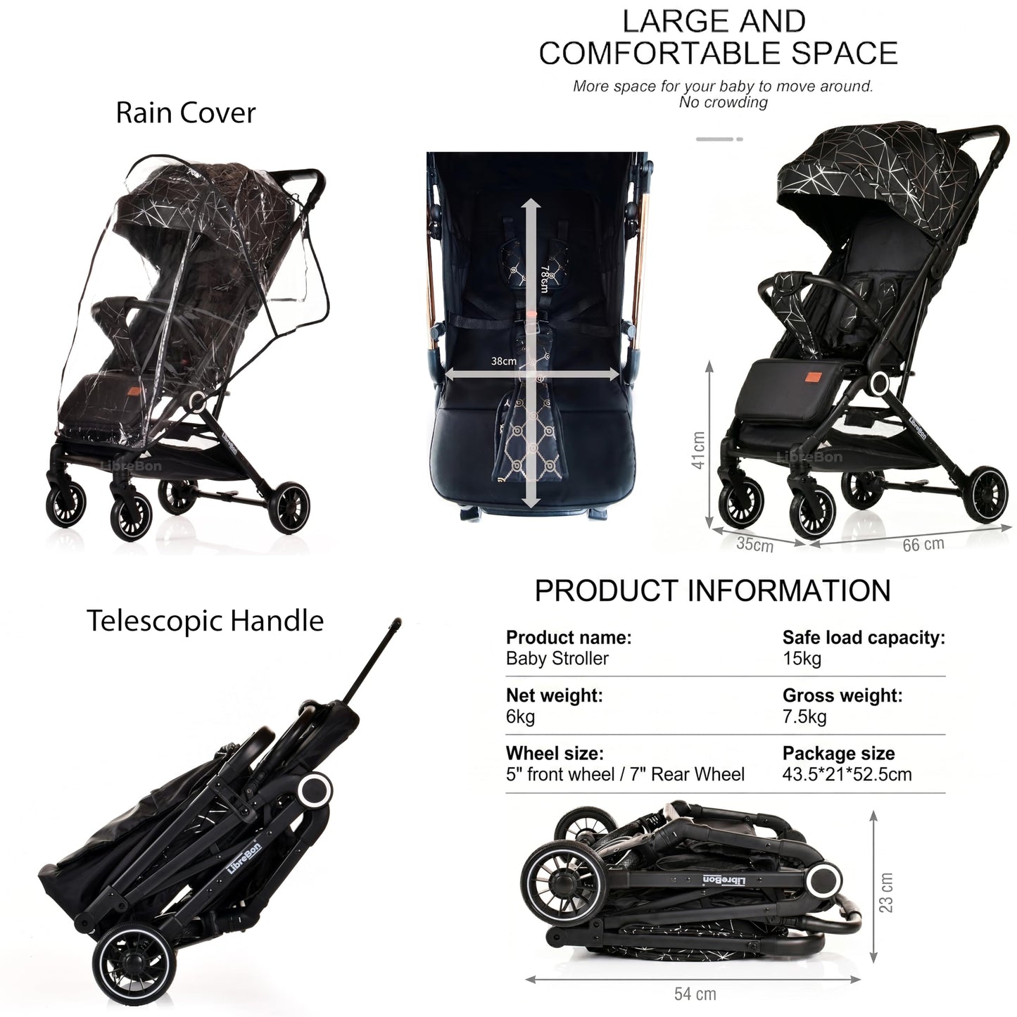 Lightweight Stroller, Baby Pushchair, Compact Travel Buggy, One Hand Foldable, Upgraded Wheels, Four Seasons Stroller, Foot Cover, Mommy Bag, Rain Cover (Pink - Rose Gold Frame)