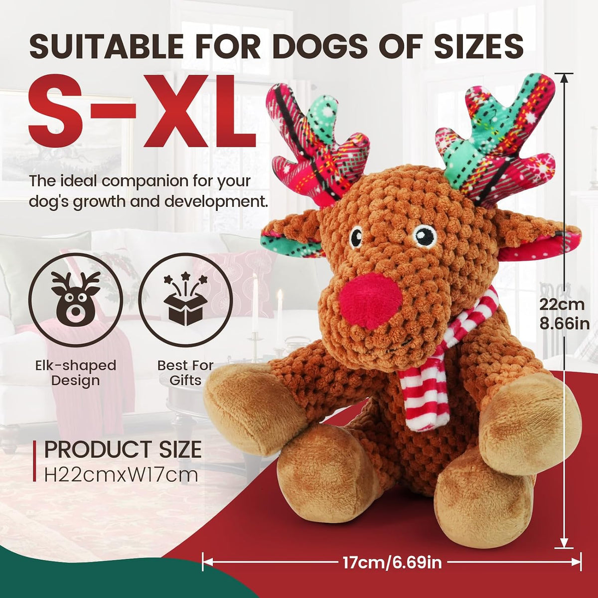 Christmas Dog Toy – Reindeer Plush with Squeaker & Crinkle Ears Durable Corduroy Texture Soft PP Cotton Filled Festive Gift Toy for Small & Medium Dogs Cute Holiday Chew & Fetch Toy