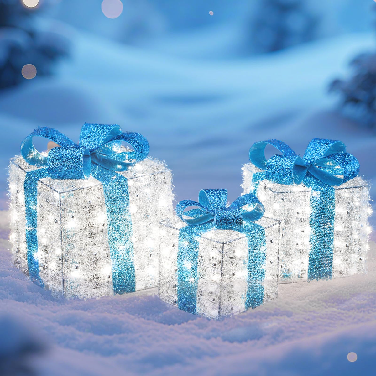 Set of 3 Blue Lighted Boxes, Silver Bows, Christmas Decor Indoor/Outdoor
