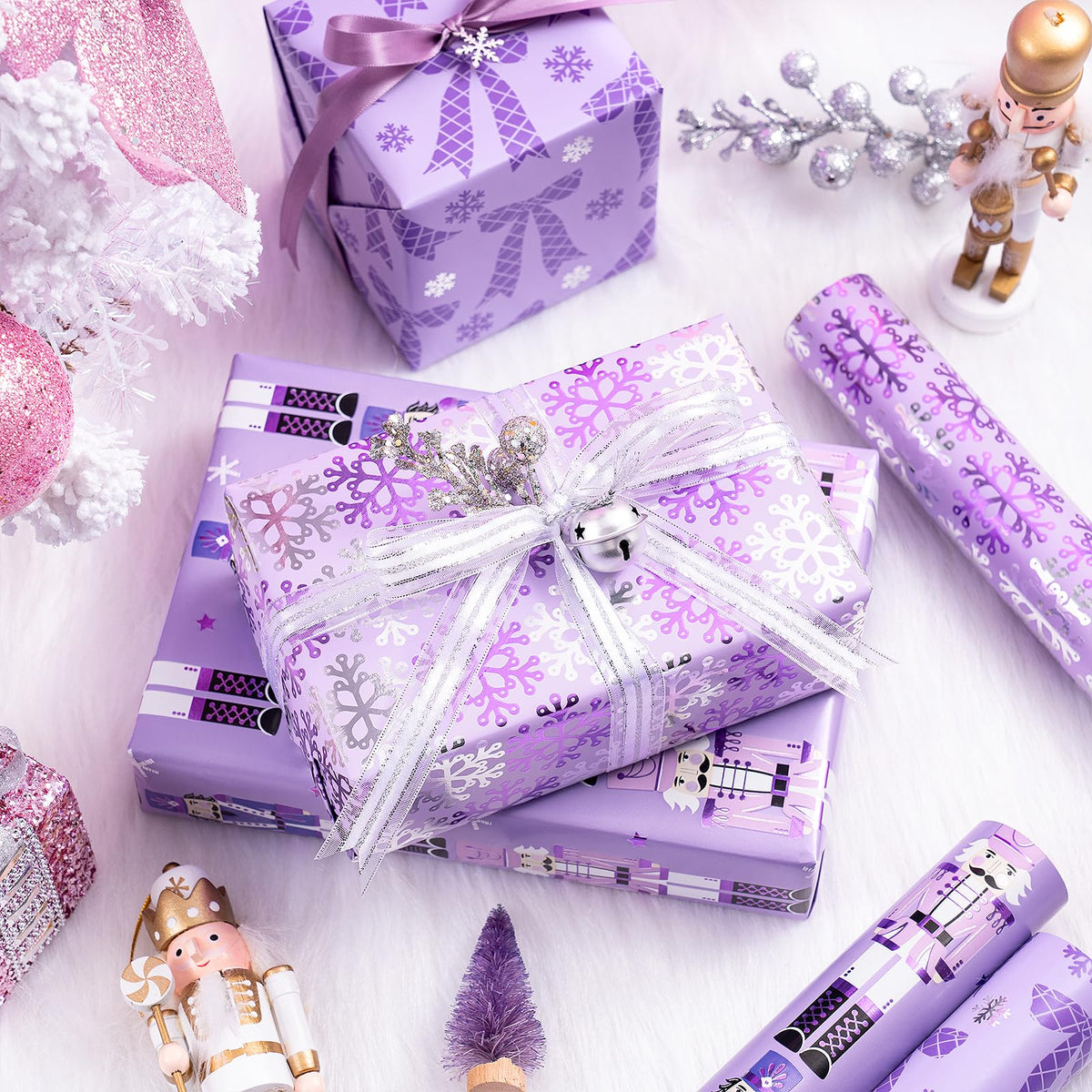 RUSPEPA Christmas Wrapping Paper Roll - Mini Roll - 3 Rolls - 43.2cm x 3m Per Roll - Bird, Christmas Garland, Holly and Pinecones Holiday Design with Metallic Foil Shine