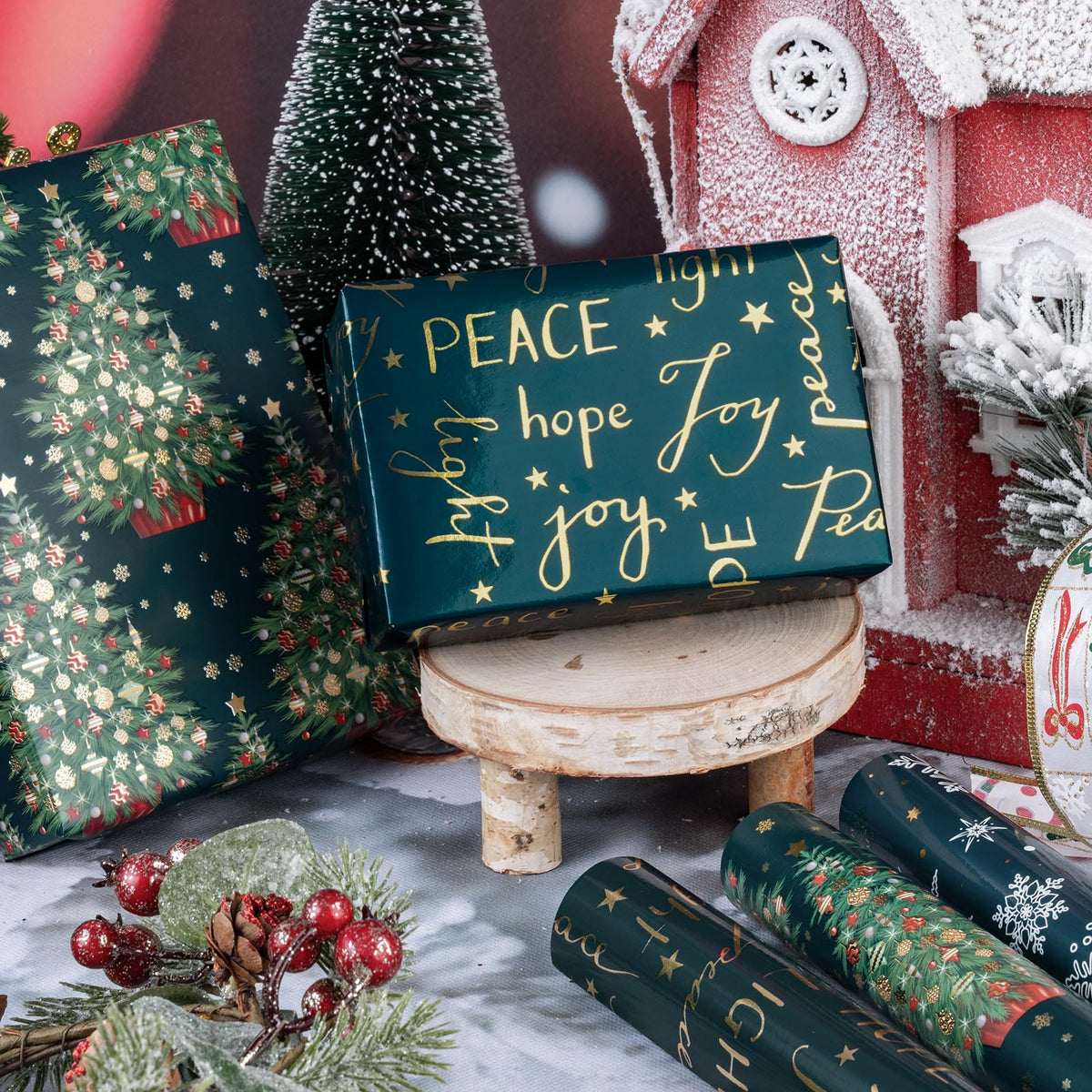 RUSPEPA Christmas Wrapping Paper Roll - Mini Roll - 3 Rolls - 43.2cm x 3m Per Roll - Bird, Christmas Garland, Holly and Pinecones Holiday Design with Metallic Foil Shine