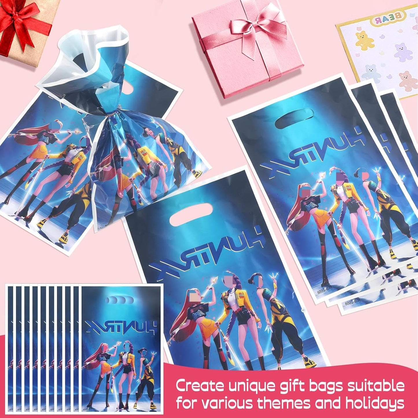 103PCS Kpop Party Bag Fillers, Demon Party Bags Favours Set with Keychains Slap Band Stickers Gift Bags, Birthday Party Supplies Decorations for Boys Girls Fans