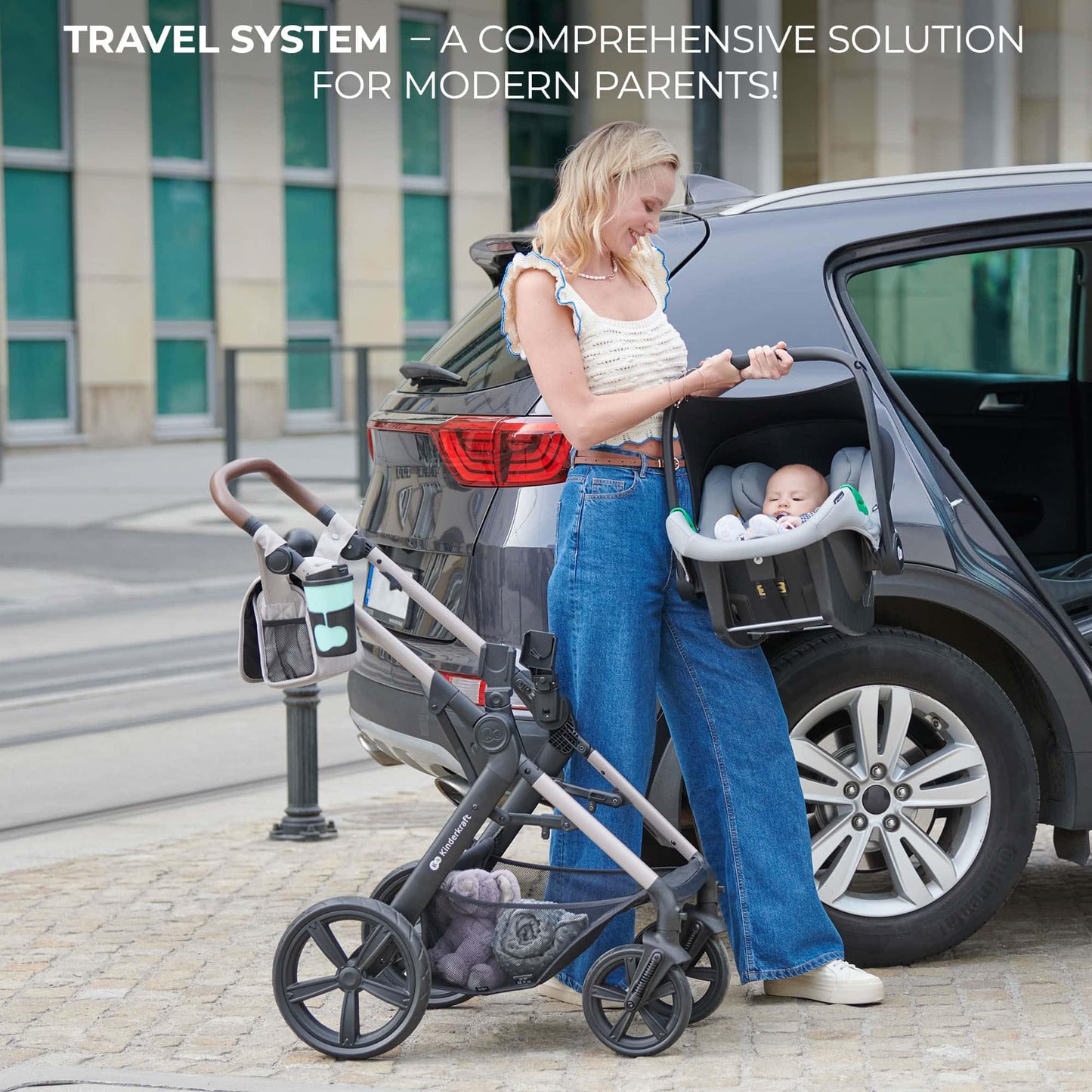 Kinderkraft MOOV 2 AIR 4 in 1 Set, Pram with Infant Car Seat with Isofix Base Mink PRO I-Size, Travel System, Baby Pushchair, Buggy, Foldable, from Birth to 22 kg, Inflatable Wheels, Gray