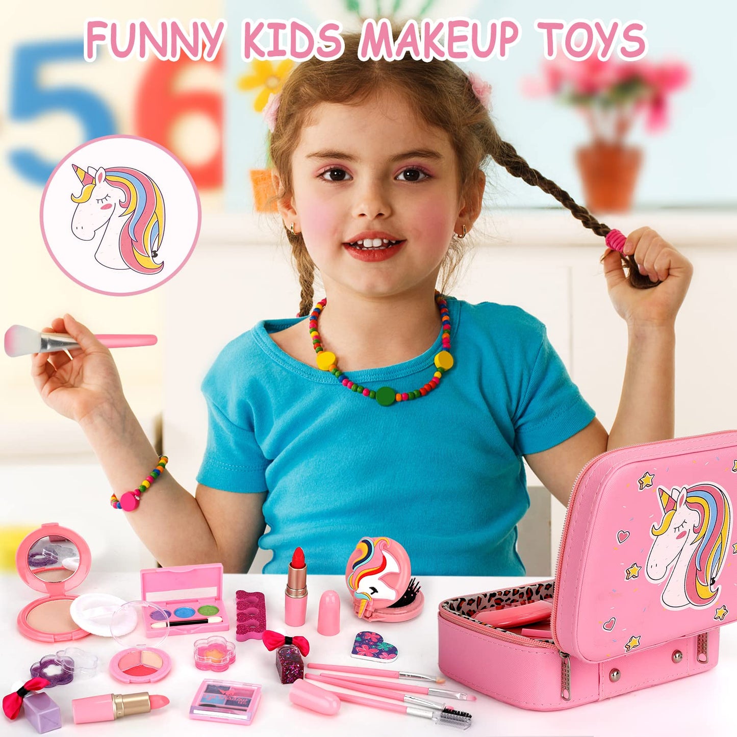 Flybay Kids Makeup Sets for Girls, Washable Make Up Set Girl Toys, Girls Make Up Set with Vanity Case, Princess Play Games Children Toys Christmas Birthday Gifts for Girl Ages 4-9