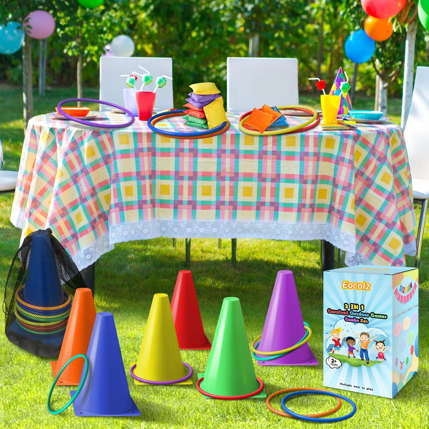 Eocolz 3 in 1 Carnival Games Set, Soft Plastic Cones Bean Bags Ring Toss Games for Kids Birthday Party Outdoor Games Supplies 32 Pcs Combo Set