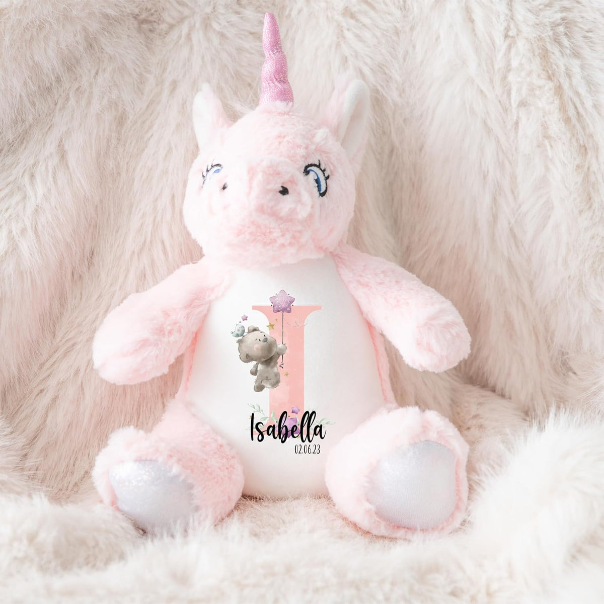 Crafted Memories - Personalised Teddy | Velveteen Bunny Soft Toy | Customisable Name for Newborns | Keepsake for Boys & Girls | Baby Shower Item | Pink Initial | Grey or White, 20-23cm