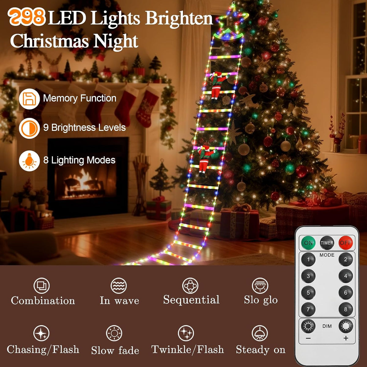 Lewondr 10ft Christmas Ladder Lights with 2 Santa Ladder Climbing, Colorful
