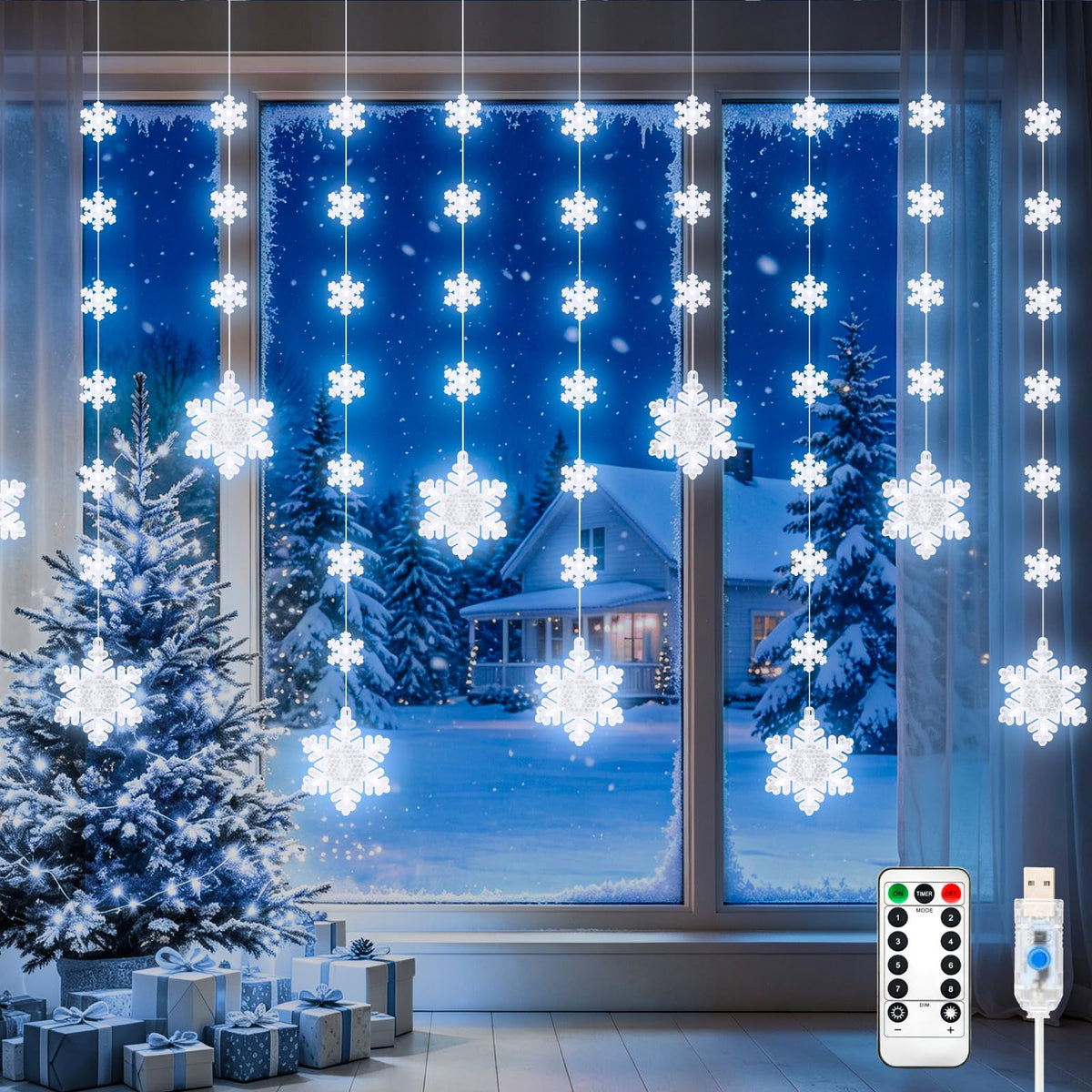 Christmas Star Window Lights, 2M 48 Stars 80 LED Curtain Fairy Lights with Remote, Timer, 8 Modes, Dimmable, USB Powered String Lights for Window, Bedroom, Party, Christmas Decorations