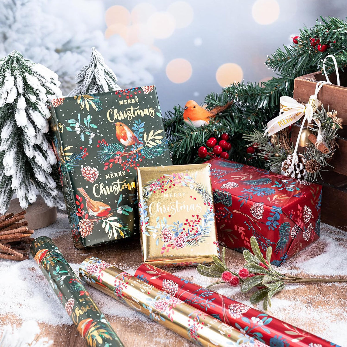 RUSPEPA Christmas Wrapping Paper Roll - Mini Roll - 3 Rolls - 43.2cm x 3m Per Roll - Bird, Christmas Garland, Holly and Pinecones Holiday Design with Metallic Foil Shine