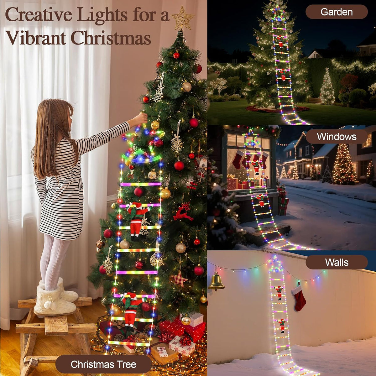 Lewondr 10ft Christmas Ladder Lights with 2 Santa Ladder Climbing, Colorful