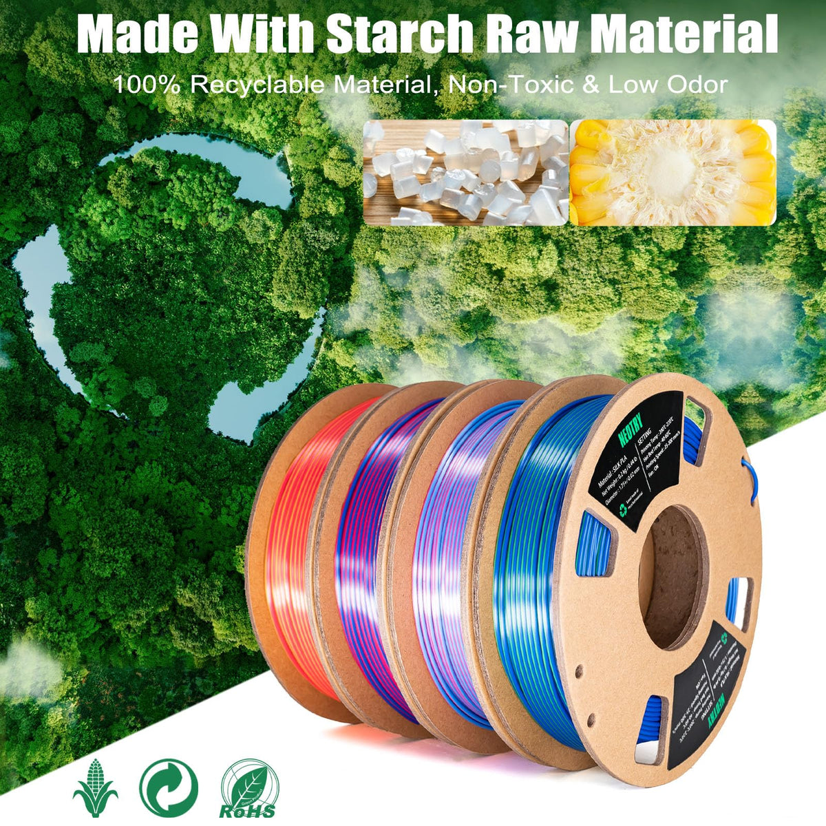 Silk Tri Colour PLA Filament 1.75mm 1kg, Multicolor 3D Printer Filament, Filament 3D Printing Materials for Most FDM 3D Printer, Silk PLA Red Yellow Blue, Rainbow PLA Filament 1.75mm ± 0.02