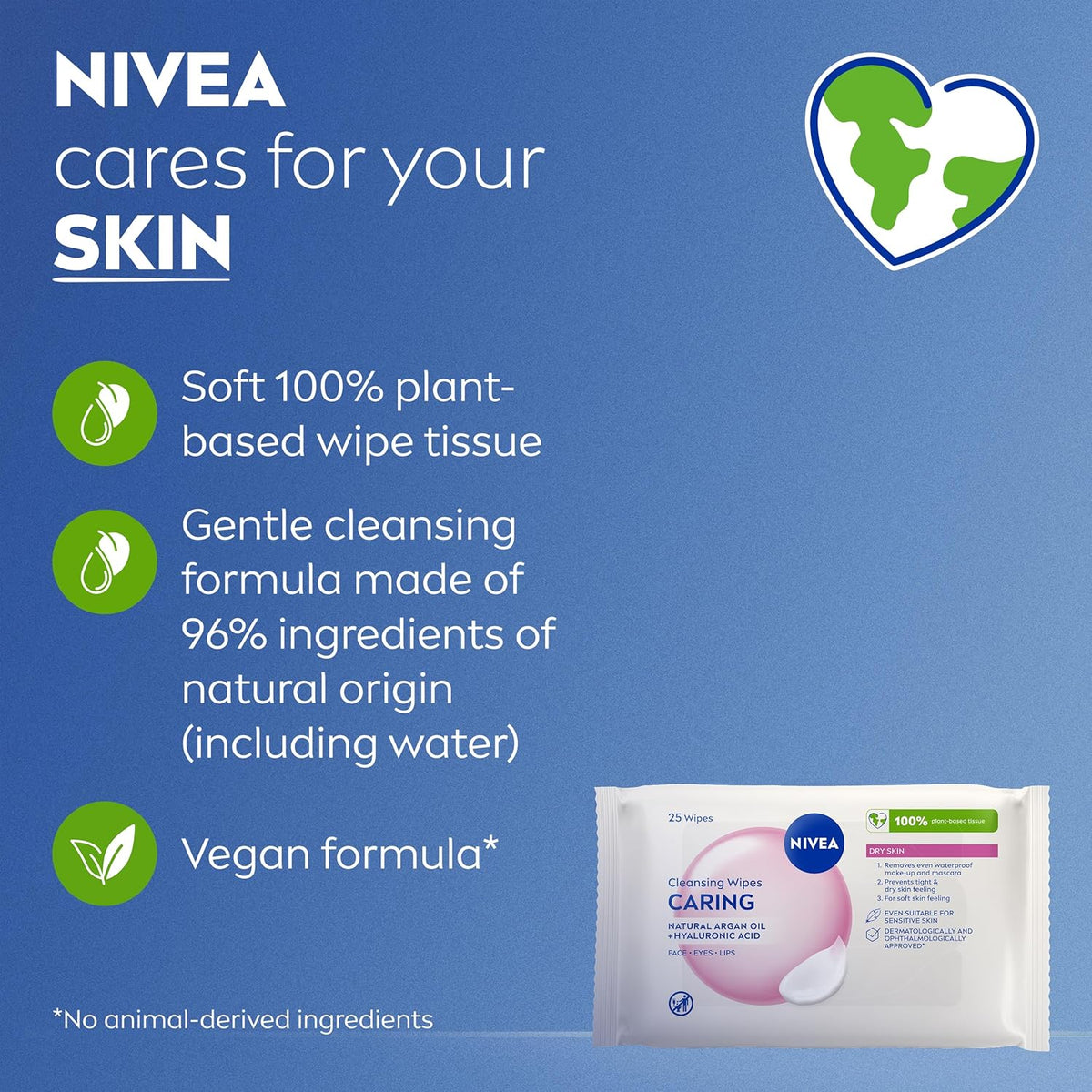 NIVEA Caring 3-in-1 Cleansing Face Wipes for Dry Skin (25 Sheets), Nourishing Face Cleanser and Makeup Wipes for Gentle Yet Effective Makeup Removal,packaging may vary