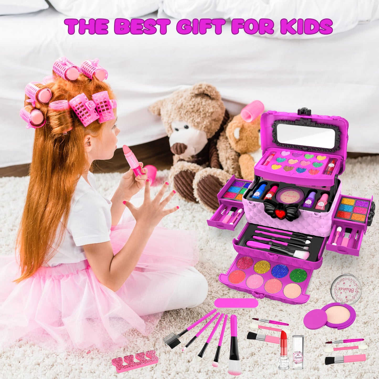 54 Pcs Kids Makeup Kits for Little Girls, Non-Toxic and Safe, Princess Real Washable Pretend Play Cosmetic Set Toys with Mirror, Birthday Gifts for 3 4 5 6 7 8 9 10-12 Years Old Girls Kids