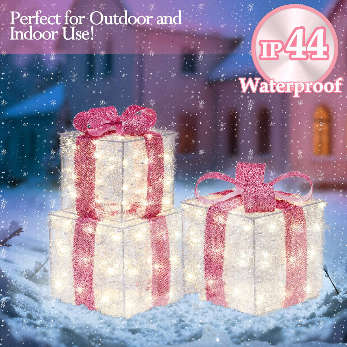 Set of 3 Blue Lighted Boxes, Silver Bows, Christmas Decor Indoor/Outdoor