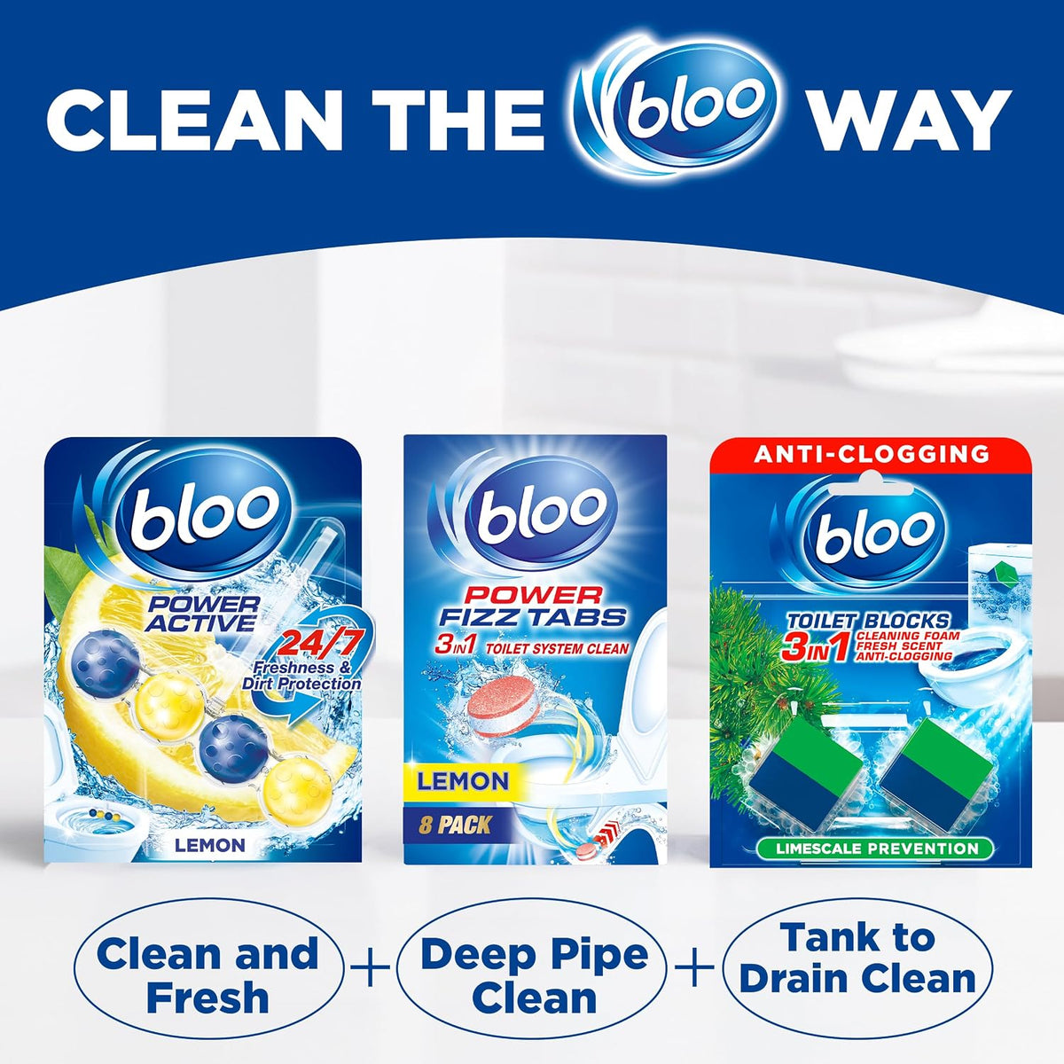 Bloo New 3in1 Toilet Blocks, Pack of 2, Toilet Limescale Remover Cistern Block, Toilet Cleaner Block with Cleaning and Foaming Action, Toilet Fresheners - Limescale Prevention