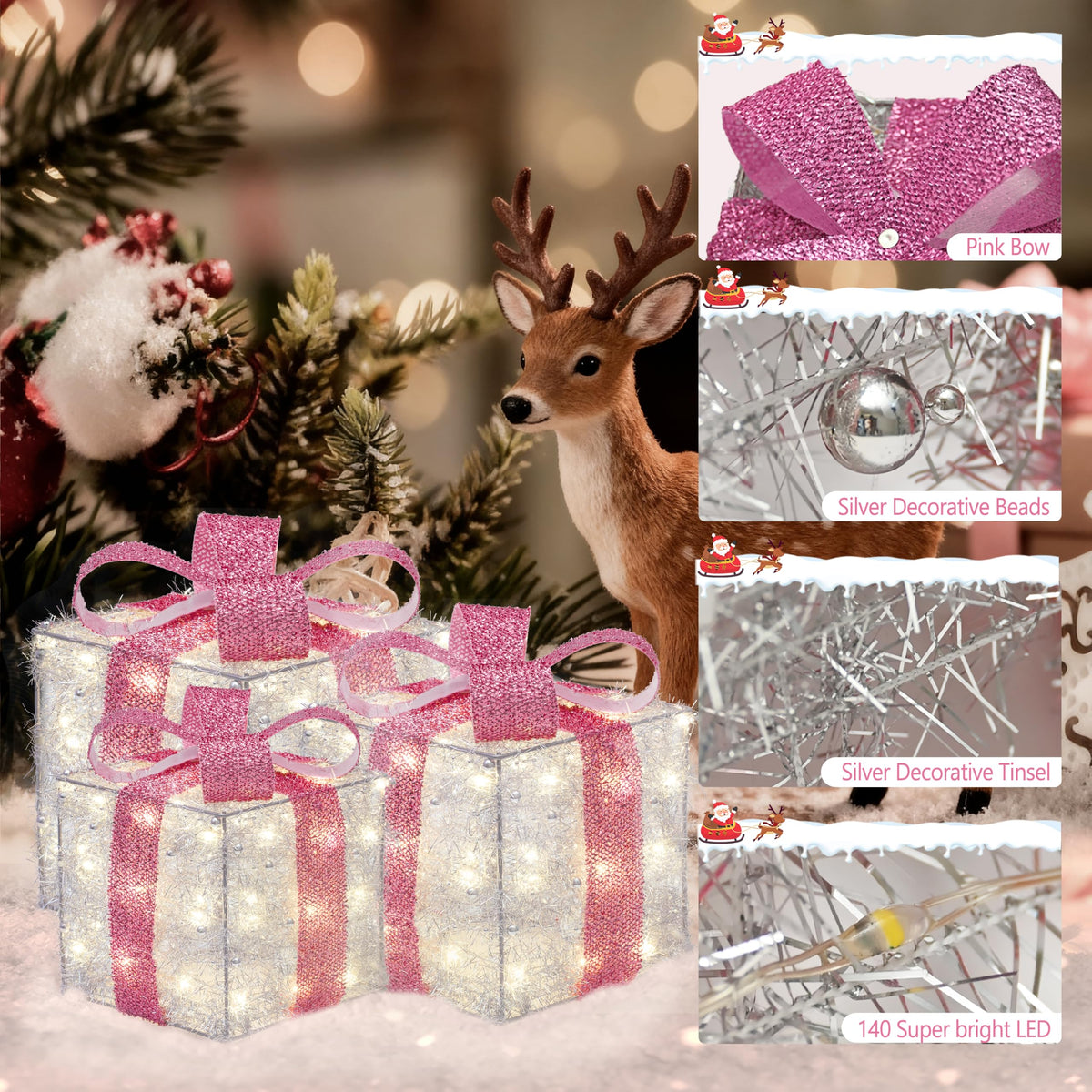Set of 3 Blue Lighted Boxes, Silver Bows, Christmas Decor Indoor/Outdoor