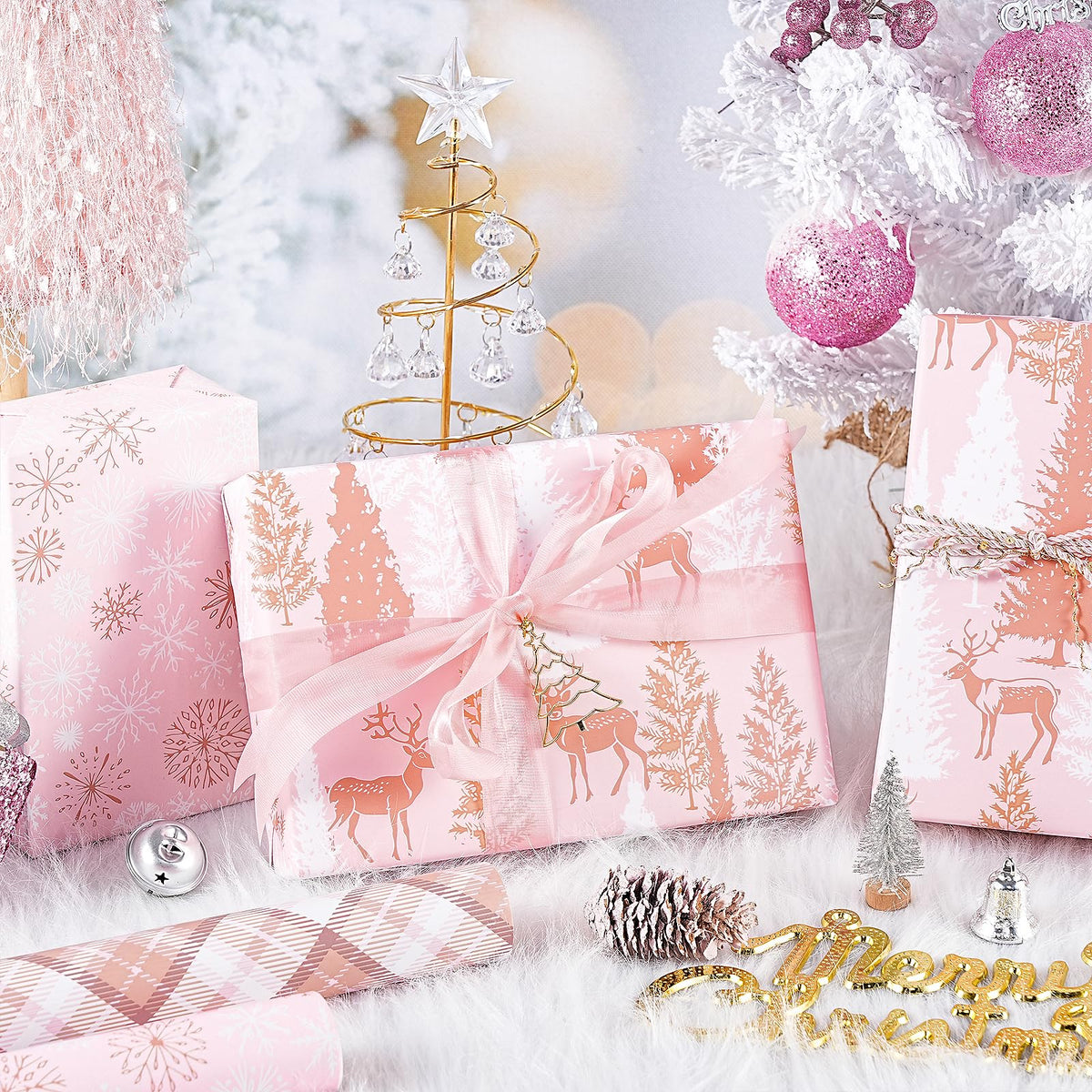 RUSPEPA Christmas Wrapping Paper Roll - Mini Roll - 3 Rolls - 43.2cm x 3m Per Roll - Bird, Christmas Garland, Holly and Pinecones Holiday Design with Metallic Foil Shine