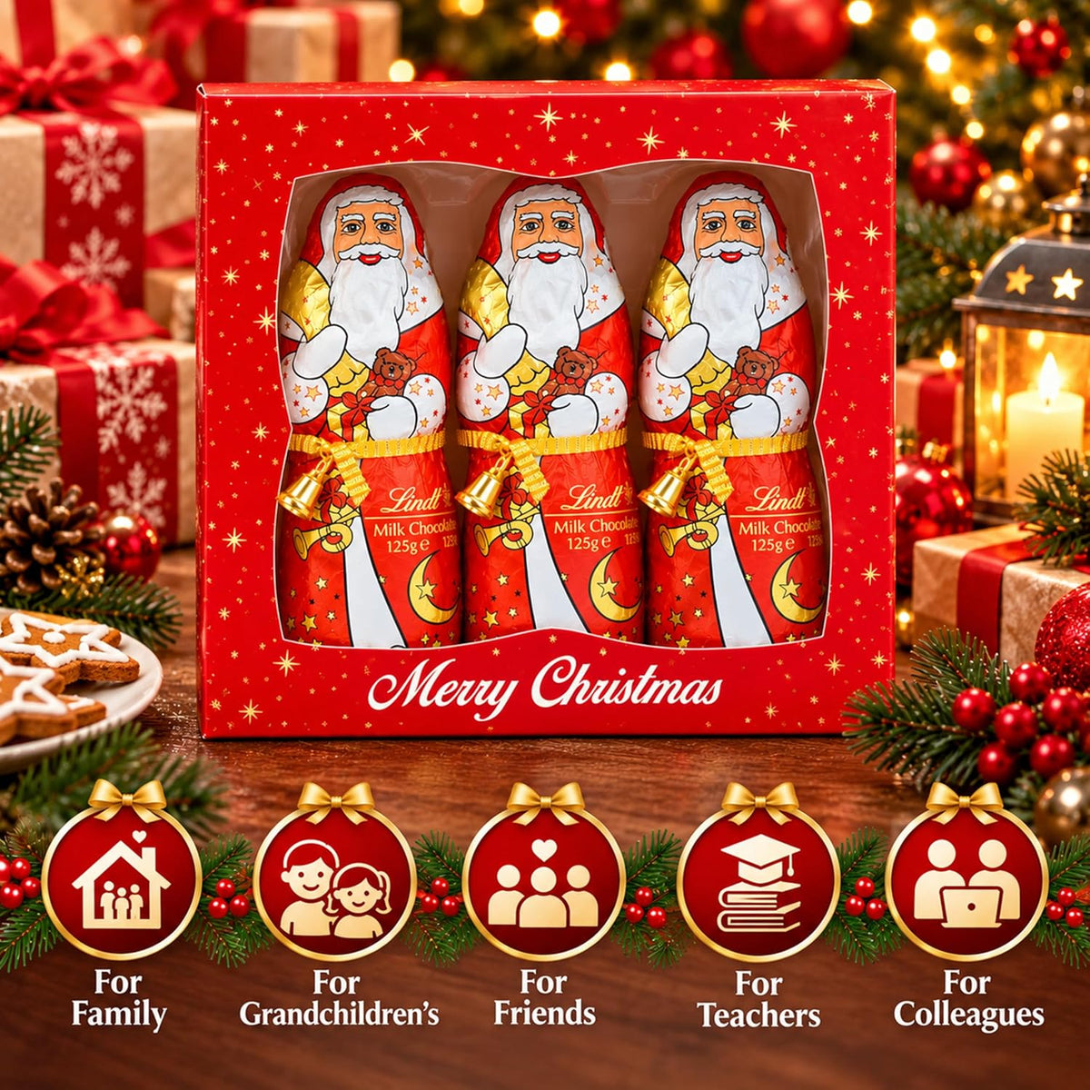 Santa Lindt Chocolates Gift Box for Stocking Fillers - Festive 3 x 125g Santa Claus Chocolate Figures with Gold Bells, Christmas Chocolate. Great Christmas Gift for Kids