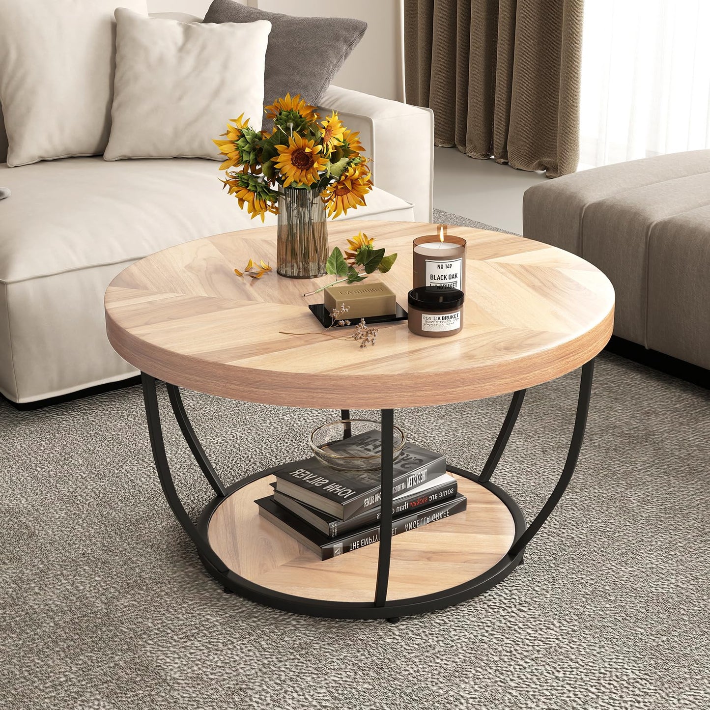 COSTWAY 2-Tier Round Coffee Table with Storage Shelf, Metal Frame Industrial Accent Cocktail Center Unit Sofa Side Tea Table for Living Room, Bedroom and Office, 80x80x45cm (Rustic Brown+Black)