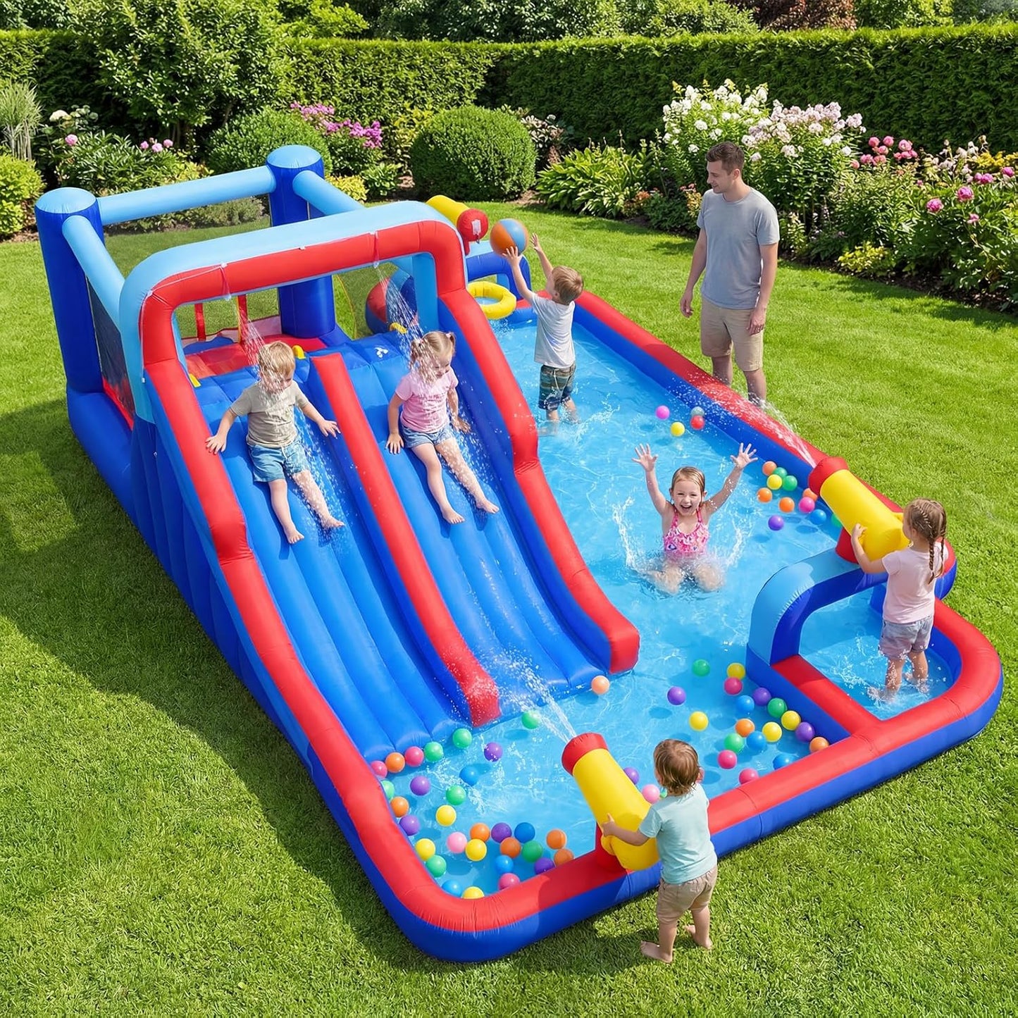 COSTWAY 5-in-1 Inflatable Water Park with Dual Slides, Climbing Wall & Splash Pool — Ages 3-12
